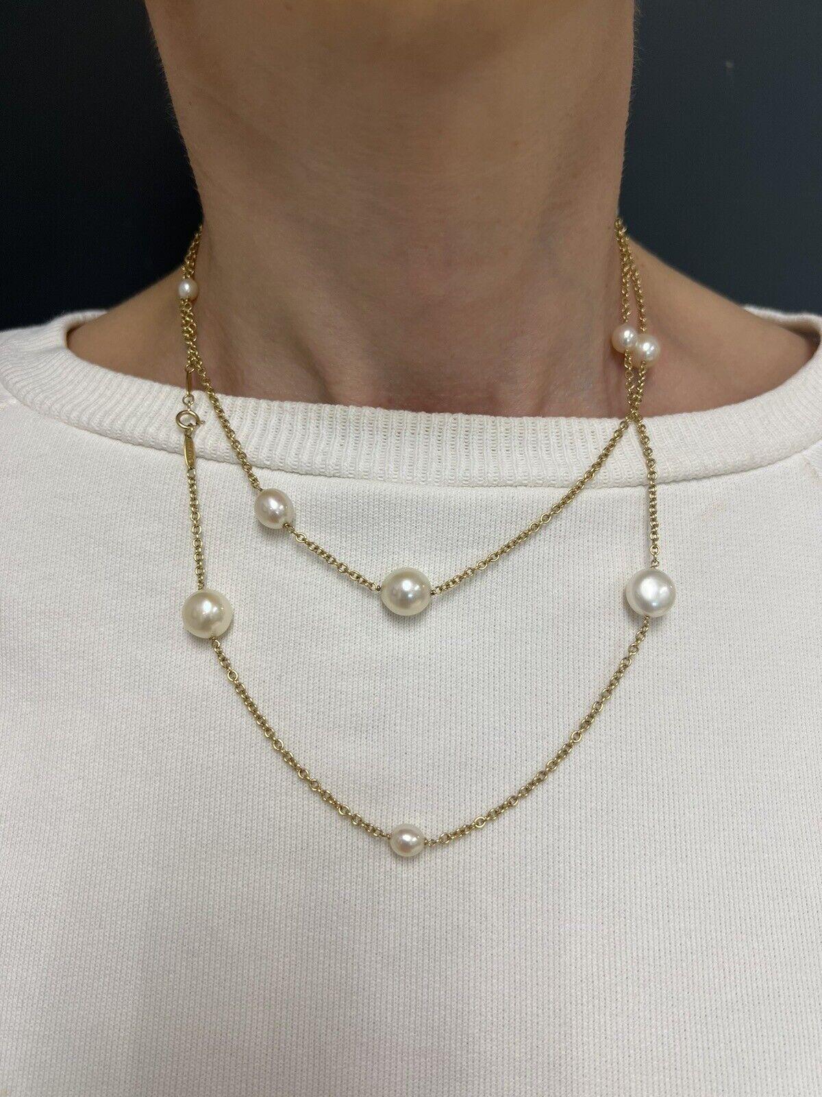TIFFANY & CO. ELSA PERETTI 18k Yellow Gold & Pearl Sautoir Necklace Vintage 1980 In Excellent Condition For Sale In Beverly Hills, CA