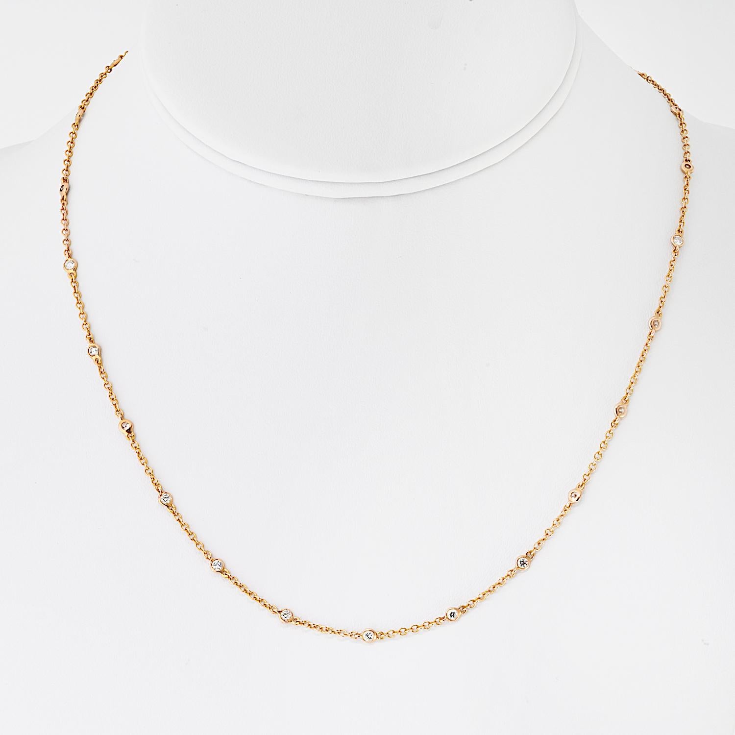 Cette exquise pièce de Tiffany & Co. Le collier Diamonds by the Yard en or rose 18 carats est un accessoire raffiné et gracieux. Mettant en valeur 23 diamants ronds et brillants totalisant 0,68 carat, chaque pierre est sertie pour en rehausser