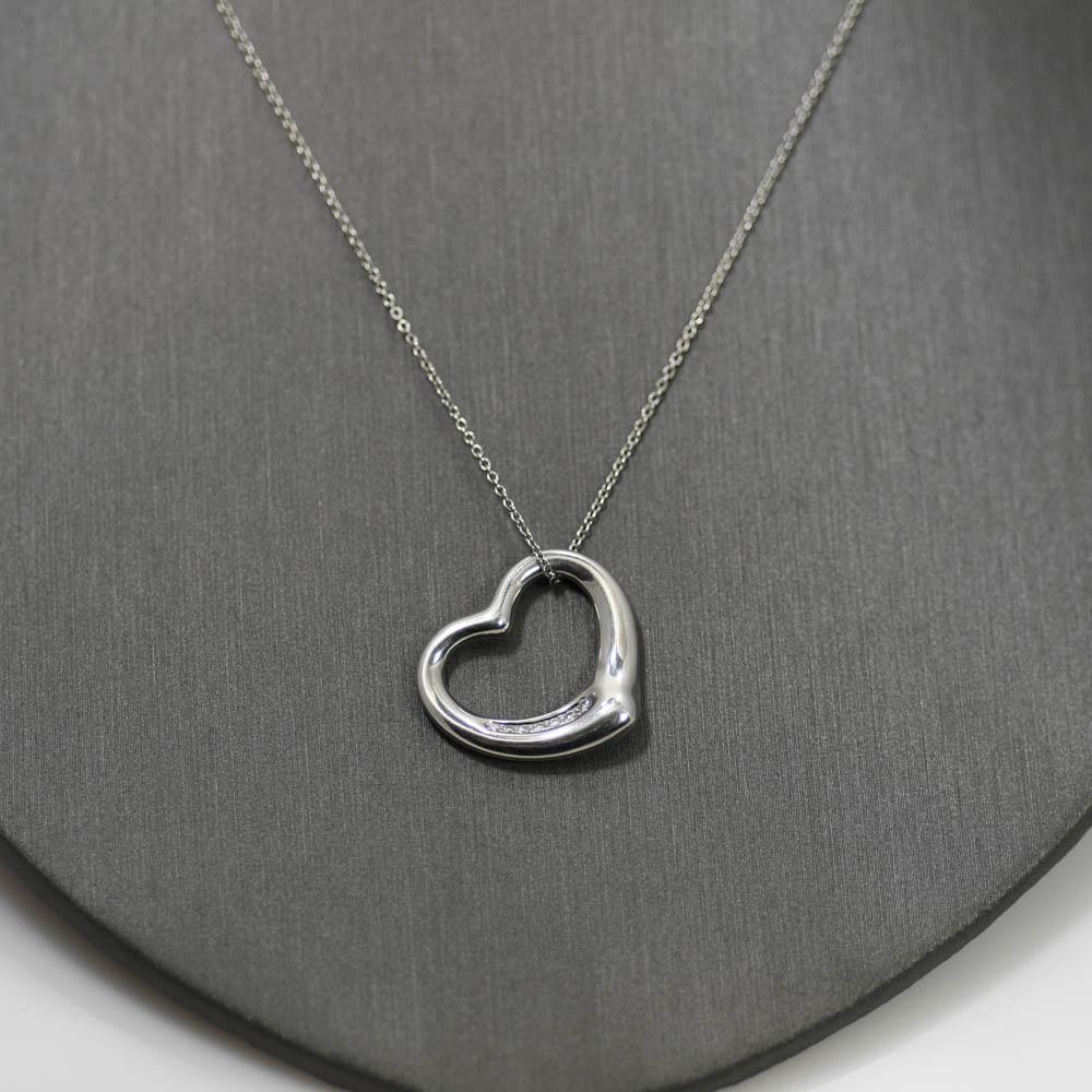 Round Cut Tiffany & Co. Elsa Peretti 22mm Platinum Open Heart Pendant, 7 Diamond 16'' Neck For Sale
