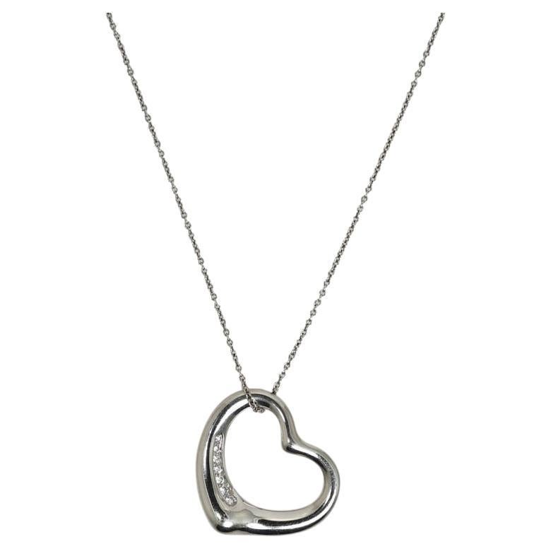 Tiffany & Co. Elsa Peretti 22mm Platinum Open Heart Pendant, 7 Diamond 16'' Neck For Sale