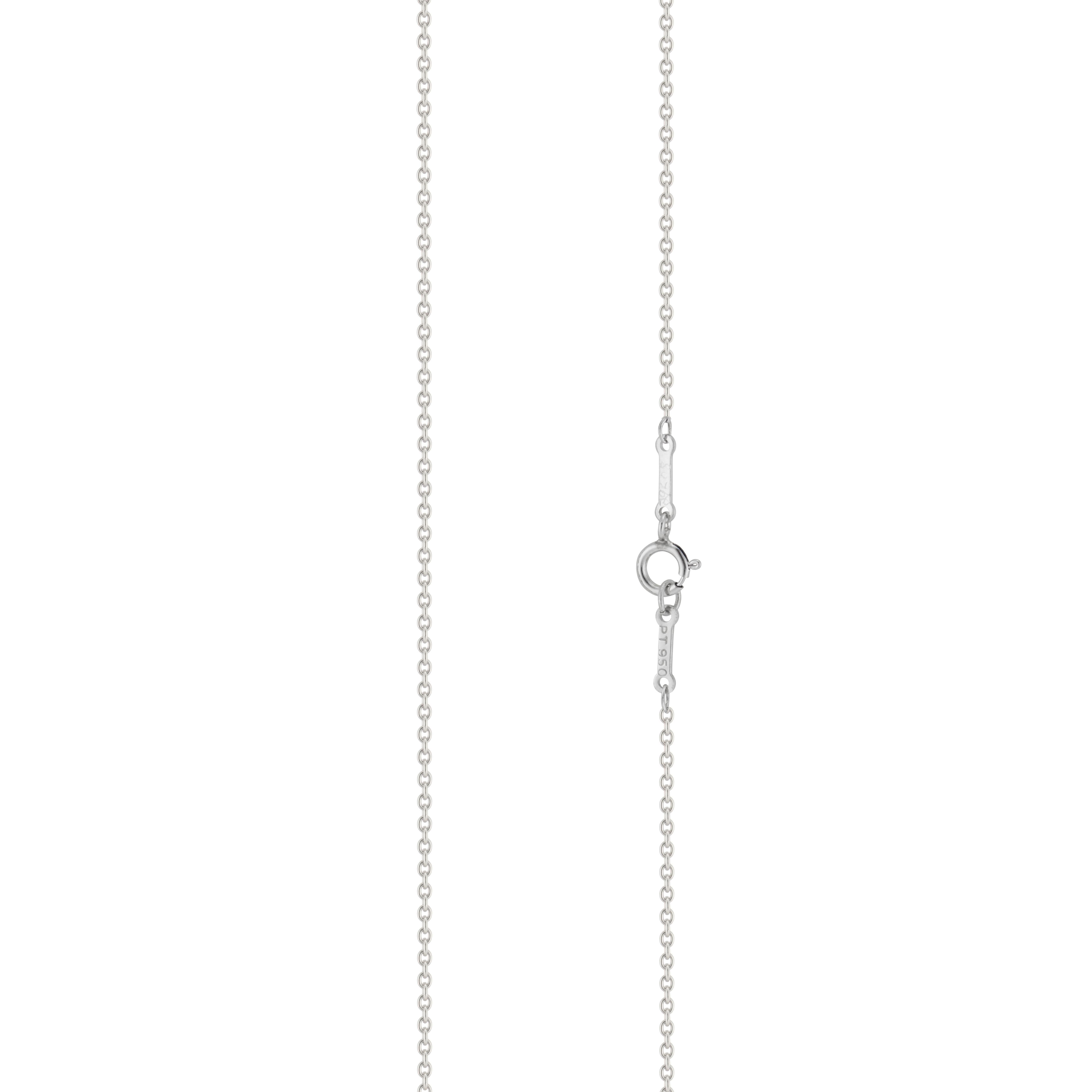 TIffany & Co Elsa Peretti Diamond by the yard platinum necklace. 16 inches in length. 

1 round brilliant cut diamond, G VS approx. .20cts 
Platinum 
Stamped: PT 950
Hallmark: Tiffany + Co Peretti
2.3 grams
Top to bottom: 4.7mm or 3/16 Inch
Width:
