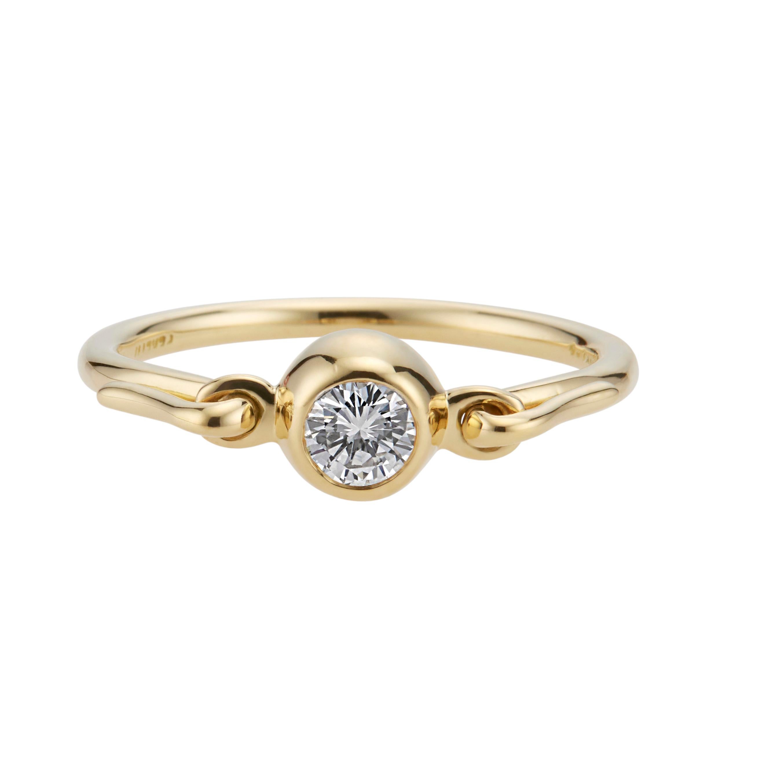 Tiffany & Co Elsa Peretti diamond swan ring in 14k yellow gold. 1 round brilliant cut diamond center stone in a 14k yellow gold setting. 

1 round brilliant cut diamond, G VS approx. .25cts
Size 7 and sizable 
18k yellow gold
Stamped: 18k
Hallmark: