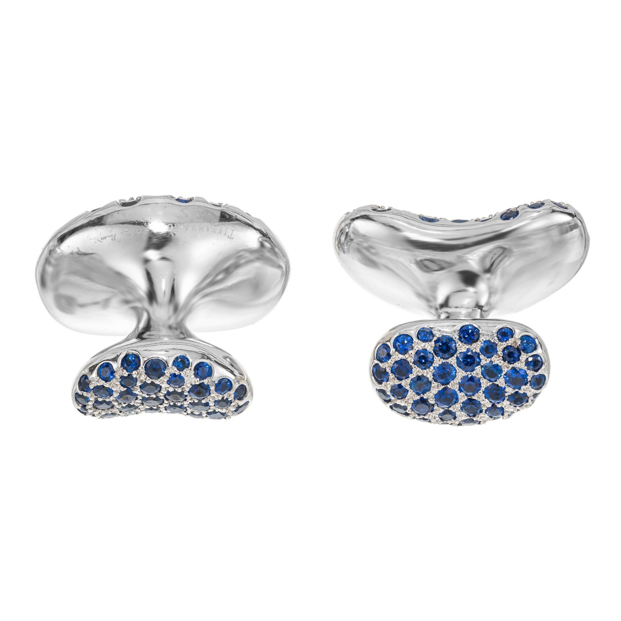 Round Cut Tiffany & Co Elsa Peretti 2.85 Carat Sapphire Platinum Bean Cufflinks For Sale