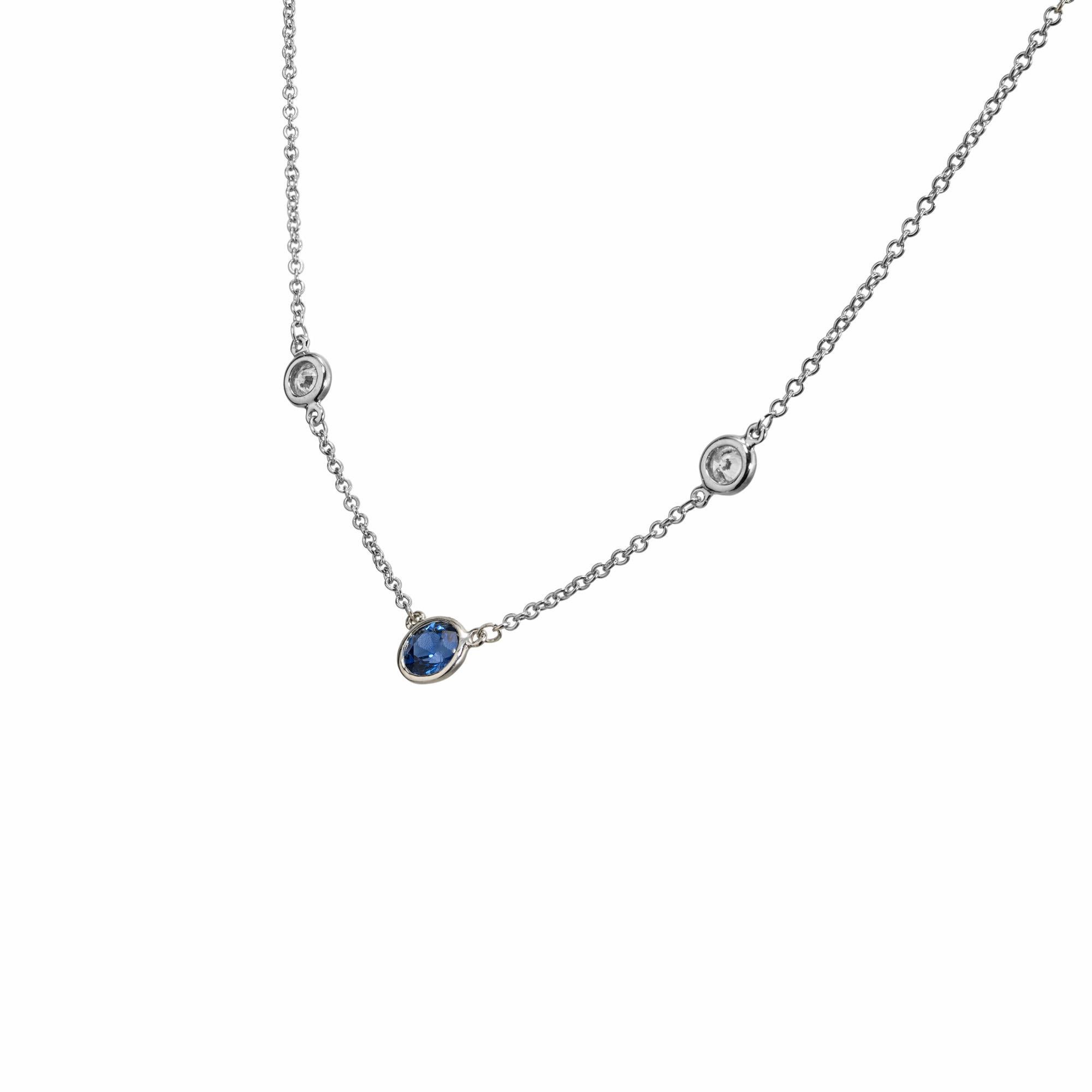 Tiffany & CO Elsa Peretti color by the yard platinum 16 Inch Necklace. Crafted in platinum, this necklaces has one bround bezel set sapphire and two round brillaint cut bezel set diamonds. 

1 round blue sapphire, approx. .30cts
2 round brilliant