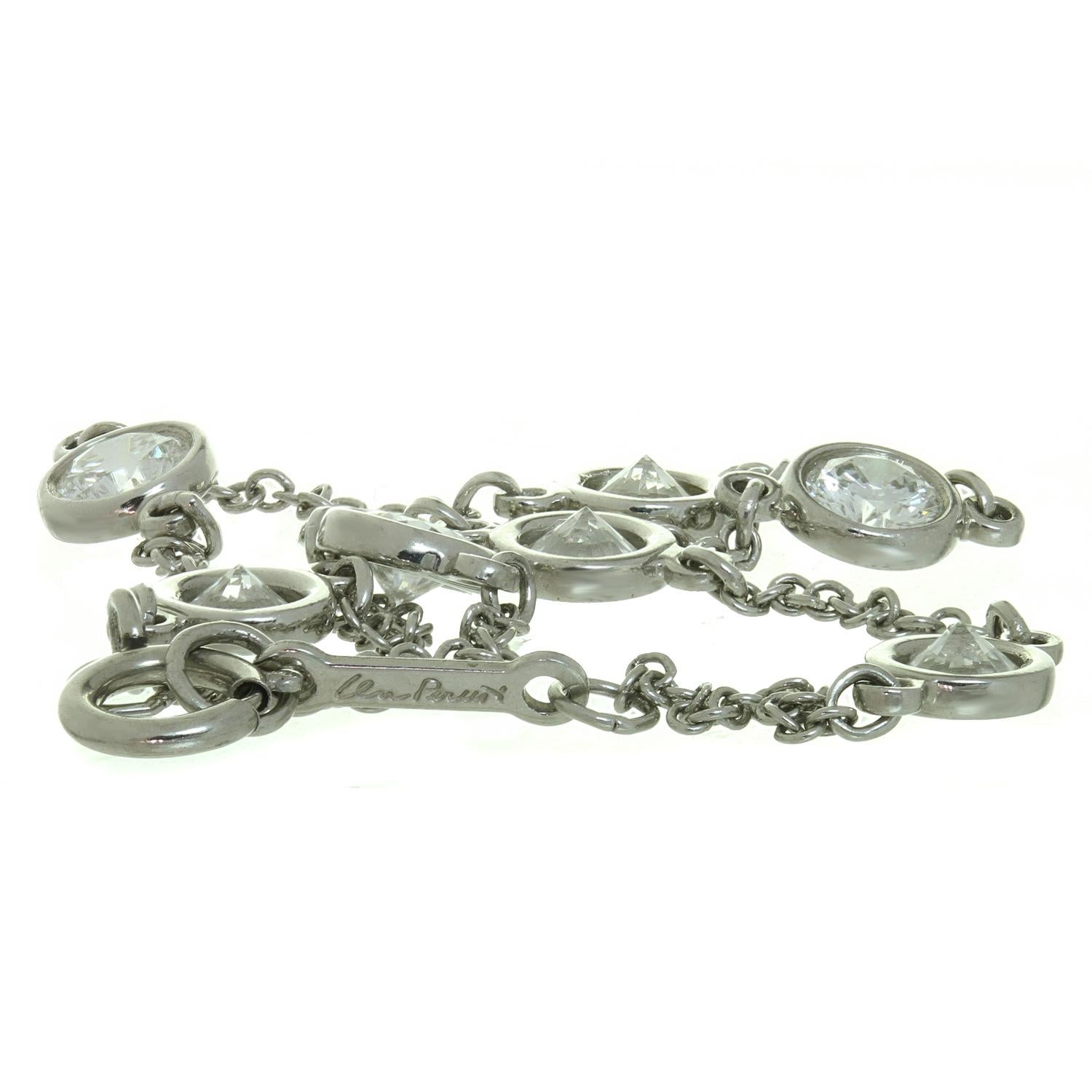 This exquisite Tiffany & Co. Diamond by the Yard bracelet is crafted in 950 platinum and features 7 diamonds in 4.5mm round bezel settings. The round brilliant E-F-G VVS1-VVS2 diamonds weigh an estimated 1.26 carats. Made in United States circa
