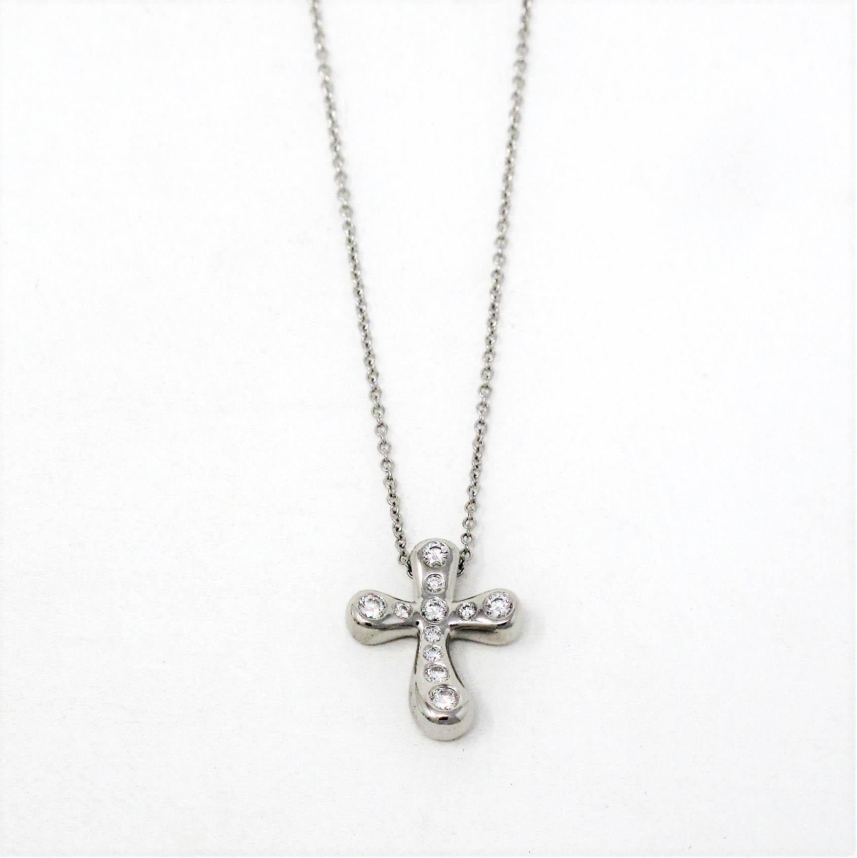 Round Cut Tiffany & Co. Elsa Peretti Diamond and Platinum Cross Pendant Necklace For Sale