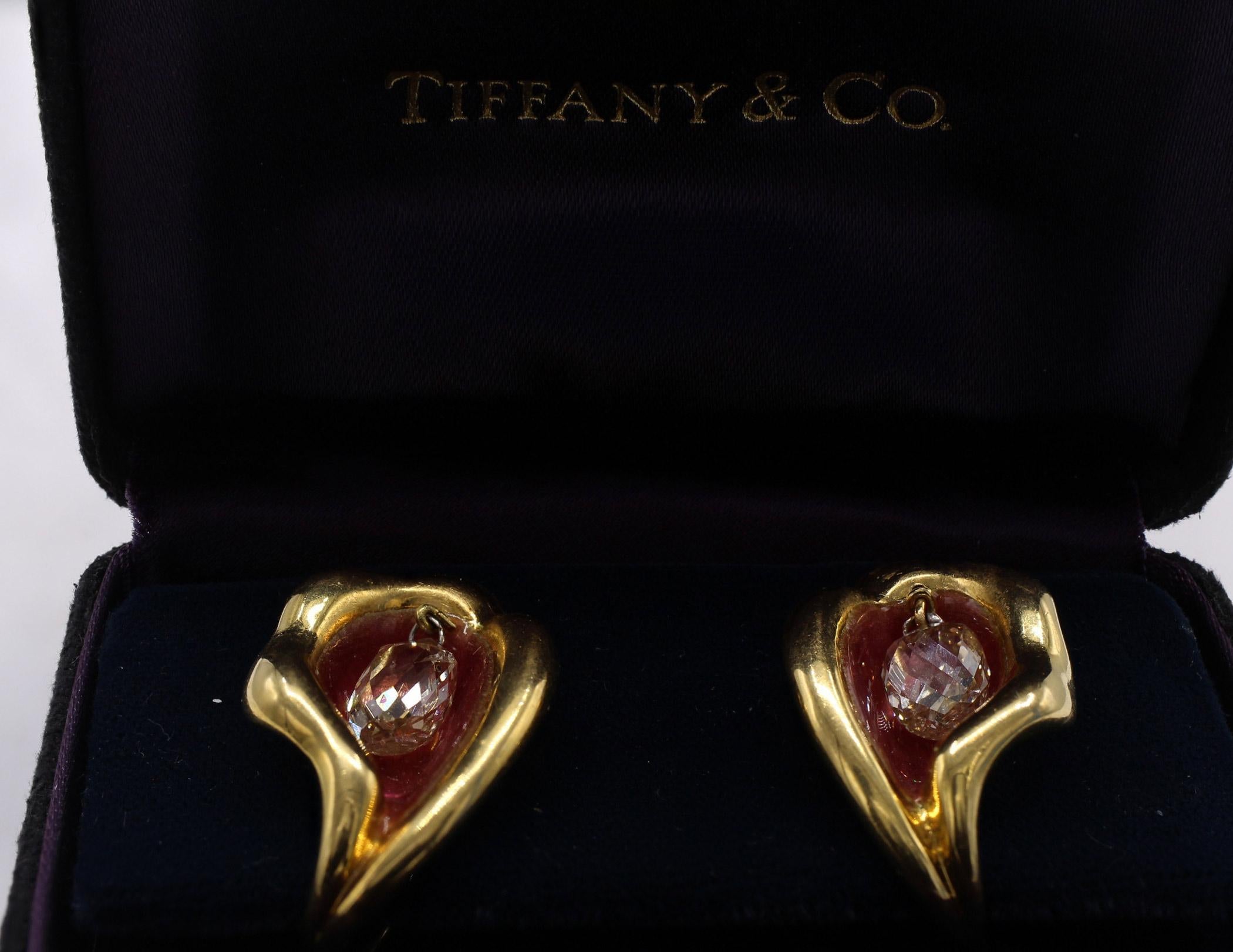 Briolette Cut Tiffany & Co Elsa Peretti Diamond Briolette Enamel Gold Ear Clips For Sale
