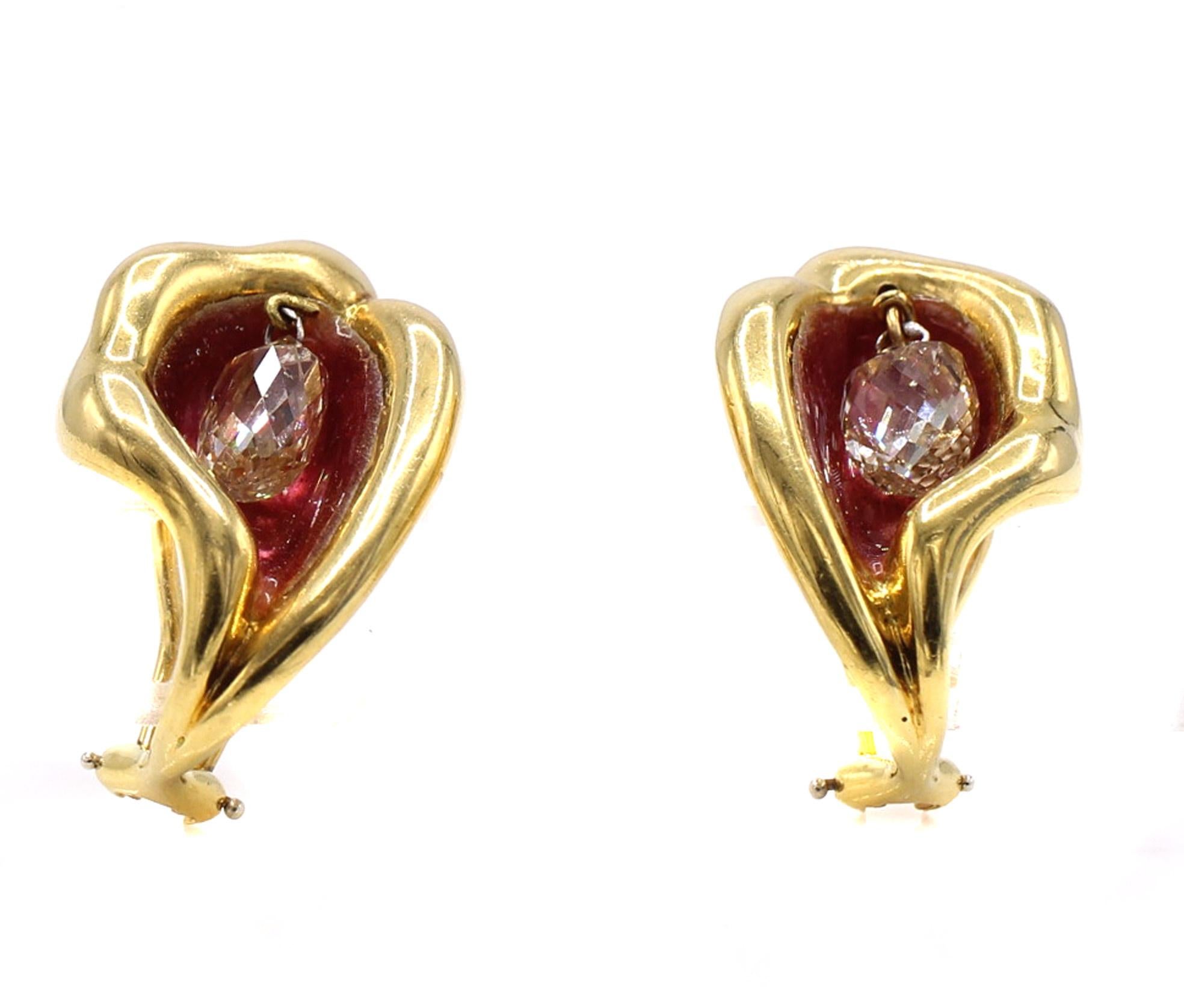 Tiffany & Co Elsa Peretti Diamond Briolette Enamel Gold Ear Clips In Excellent Condition For Sale In New York, NY