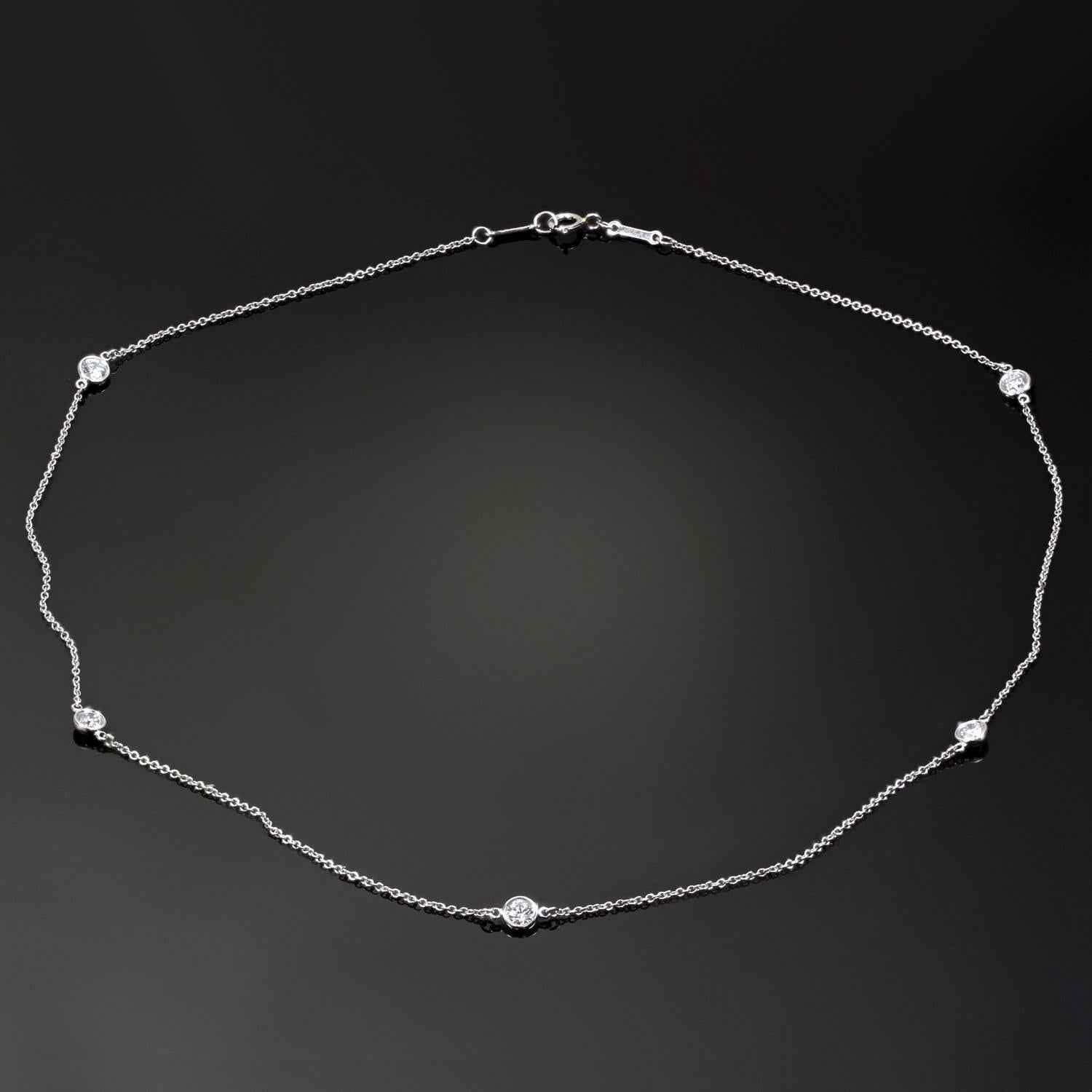 This exquisite Tiffany & Co. Diamond by the Yard necklace is crafted in platinum and features 5 diamonds in 4.5mm round bezel settings.  The round brilliant G VVS2-VS1 diamonds weigh an estimated 0.90 carats. Made in United States circa 2010s.
