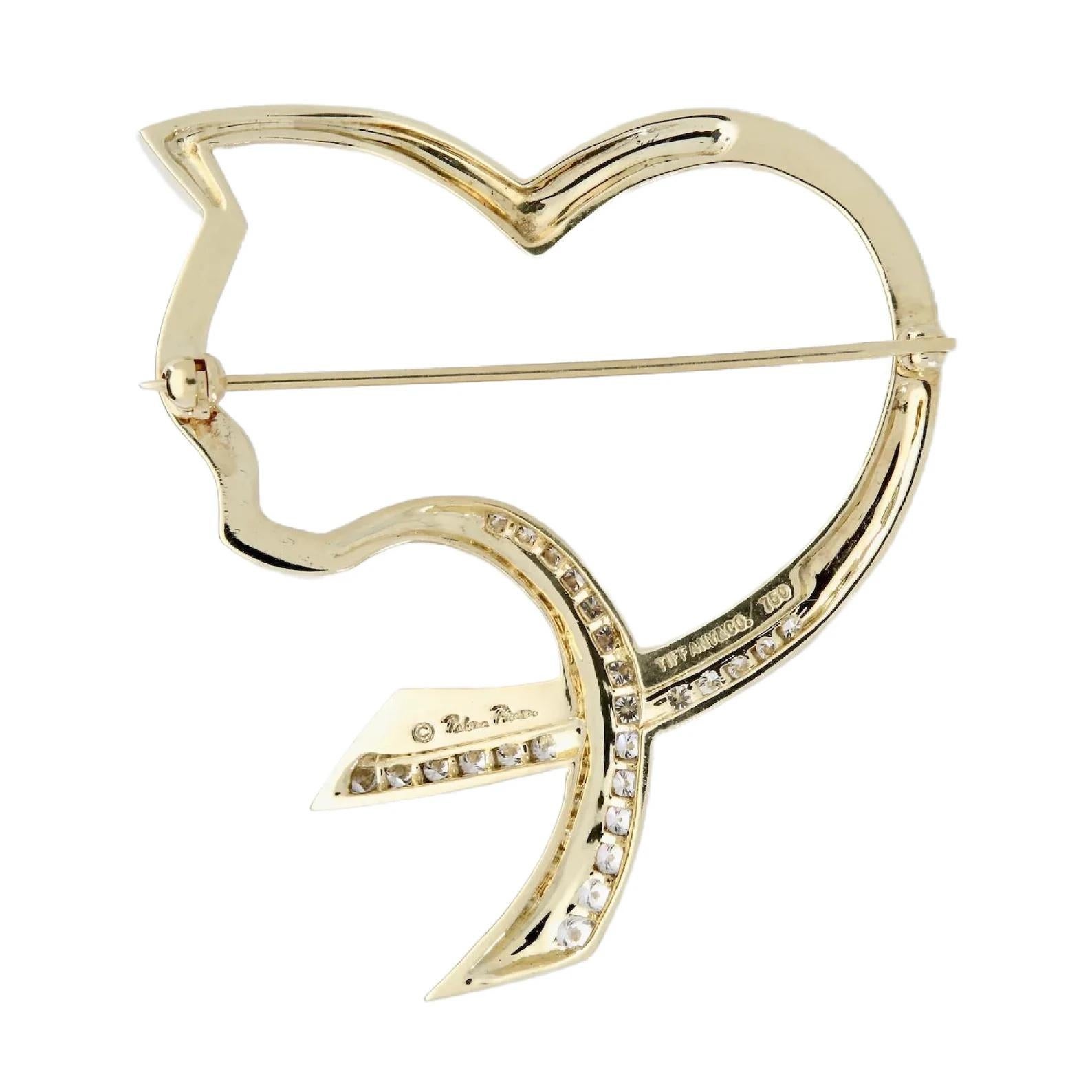 Brilliant Cut Tiffany & Co Elsa Peretti Diamond Cat Heart Brooch in 18K Gold