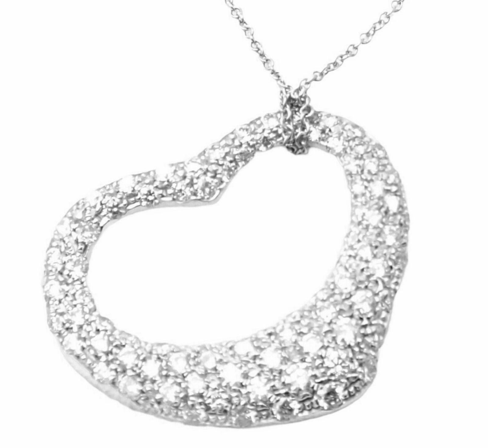Brilliant Cut Tiffany & Co. Elsa Peretti Diamond Large Open Heart Platinum Pendant Necklace For Sale