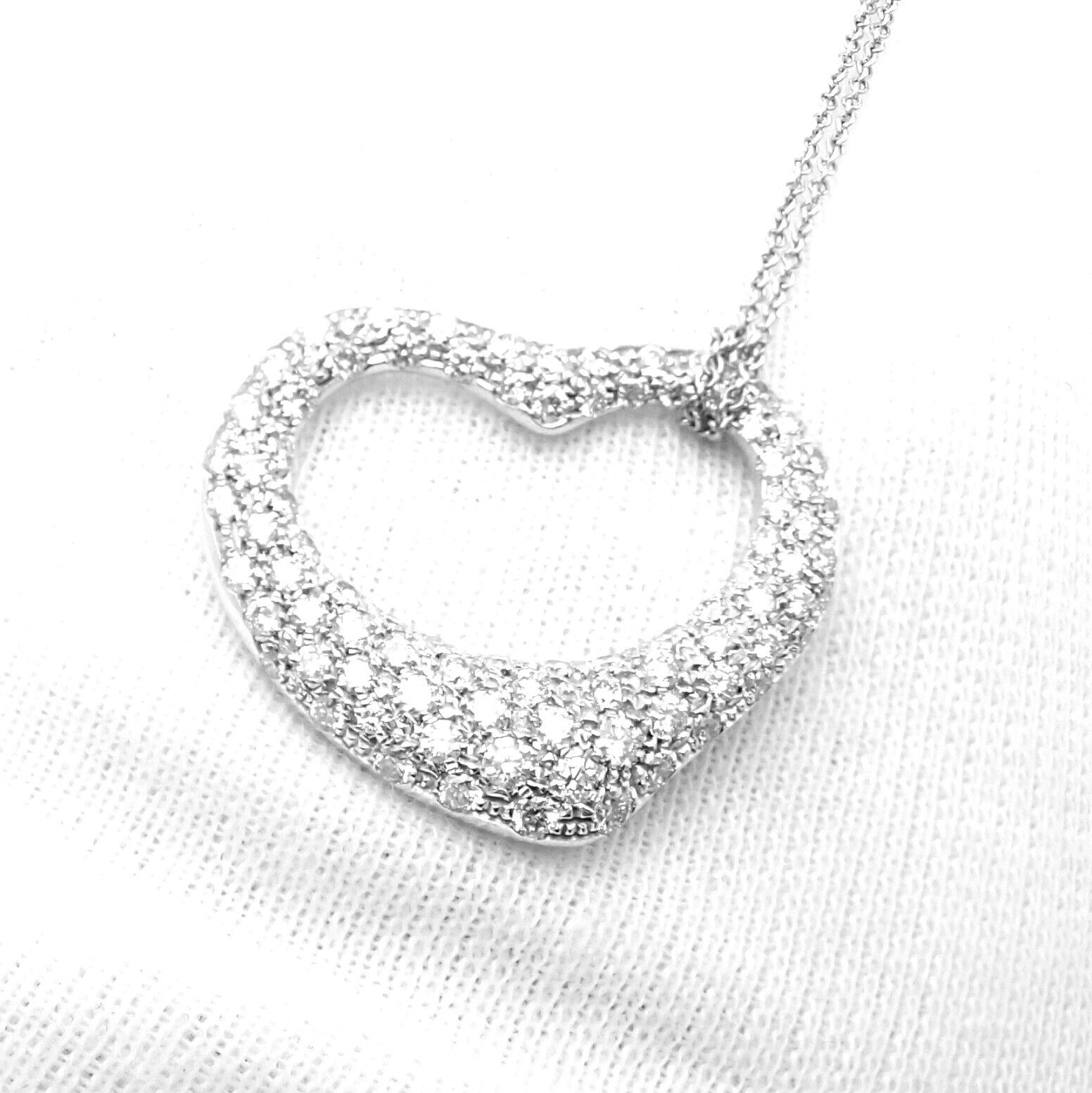 Women's or Men's Tiffany & Co. Elsa Peretti Diamond Large Open Heart Platinum Pendant Necklace For Sale