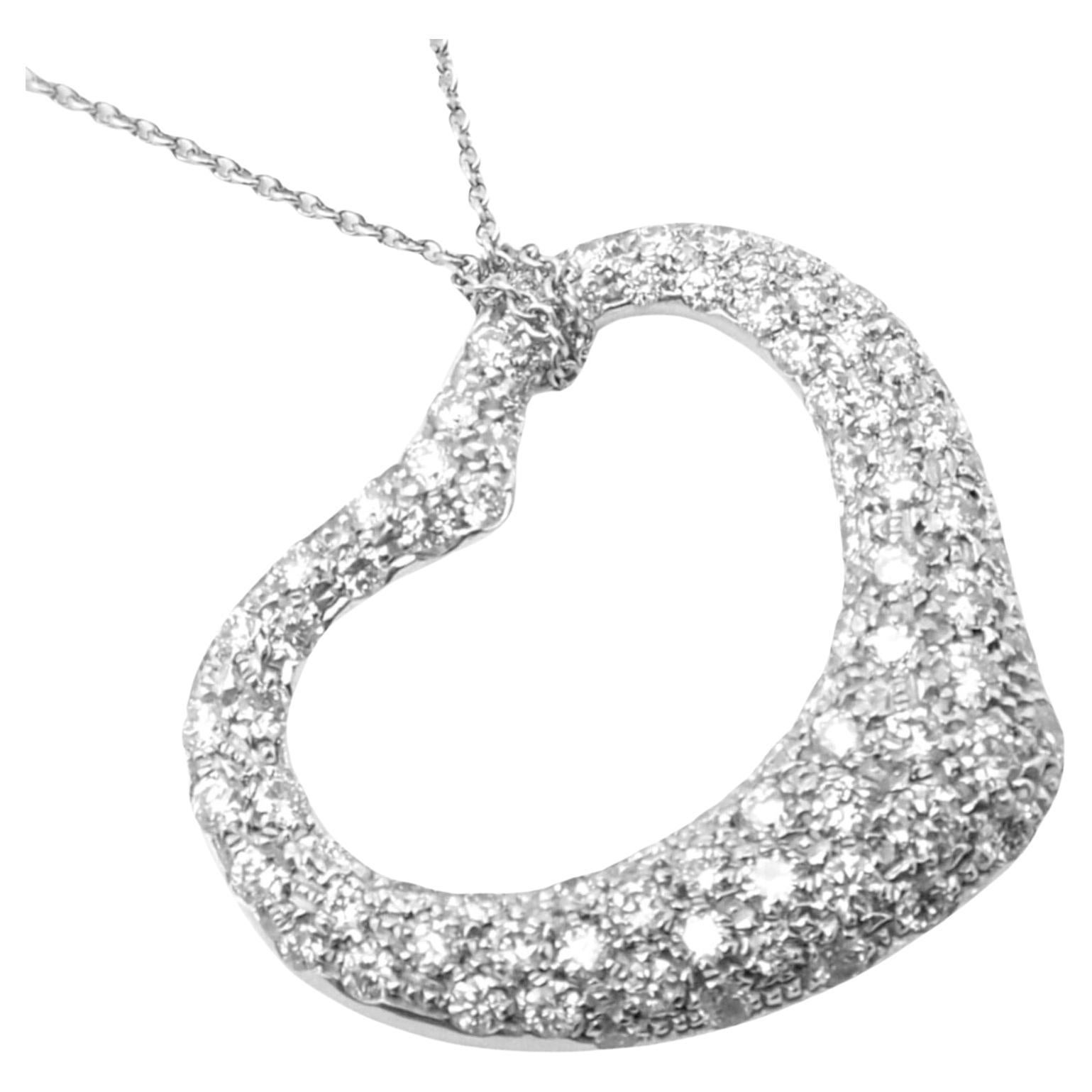 Tiffany & Co. Elsa Peretti Diamond Large Open Heart Platinum Pendant Necklace For Sale