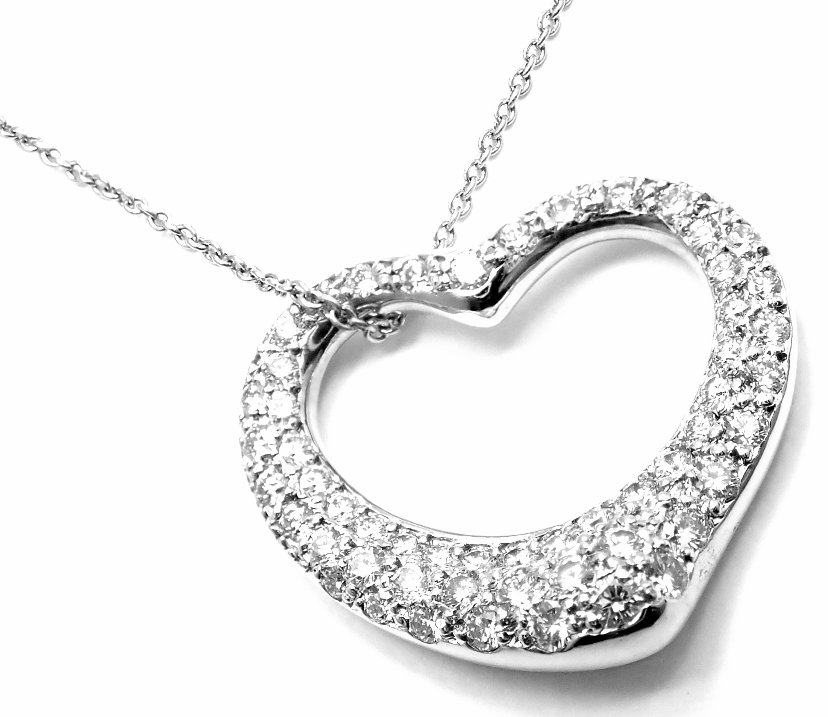Tiffany & Co. Elsa Peretti Diamond Medium Open Heart Platinum Pendant Necklace In Excellent Condition In Holland, PA