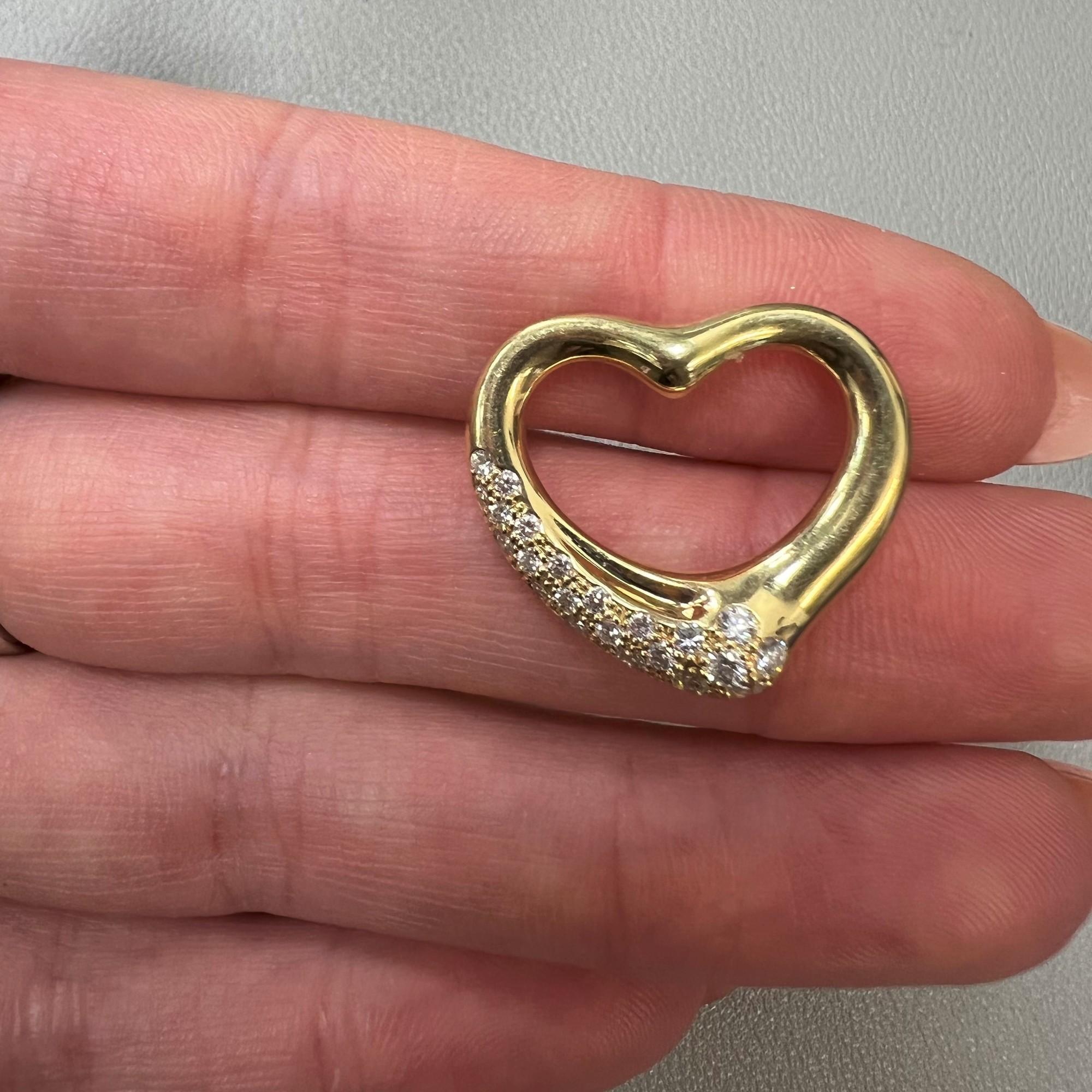 Modern Tiffany & Co. Elsa Peretti Diamond Open Heart Pendant 18k Yellow Gold 0.33cttw For Sale