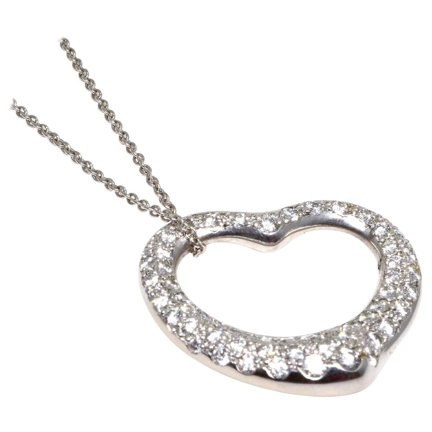 Tiffany & Co. Elsa Peretti Diamond Open Heart Pendant Necklace in Platinum For Sale