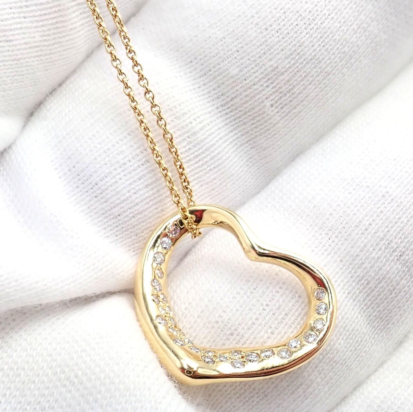 Brilliant Cut Tiffany & Co Elsa Peretti Diamond Open Heart Yellow Gold Pendant Necklace For Sale