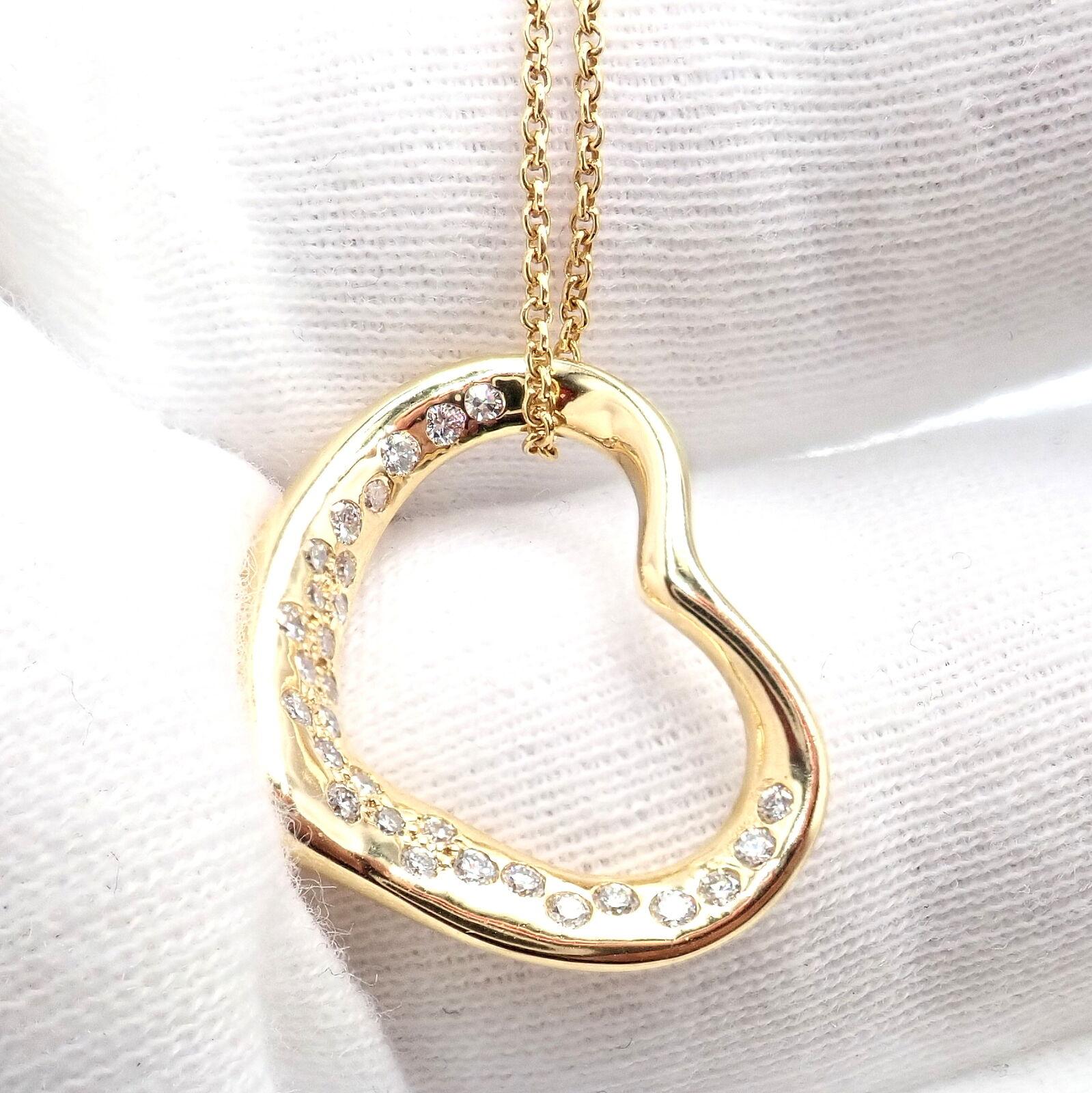 Tiffany & Co Elsa Peretti Diamond Open Heart Yellow Gold Pendant Necklace For Sale 2