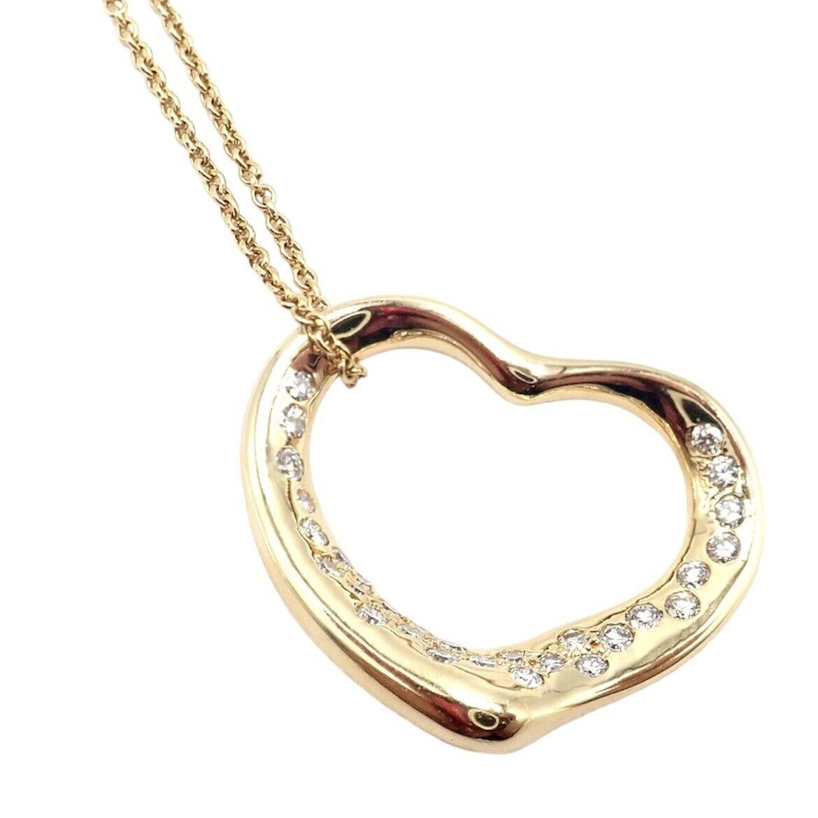 Tiffany & Co Elsa Peretti Diamond Open Heart Yellow Gold Pendant Necklace For Sale 4