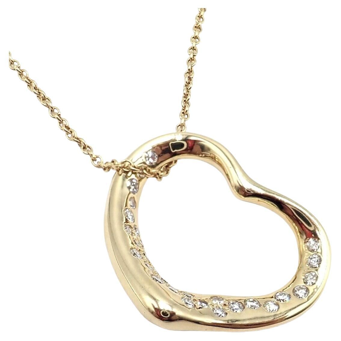 Tiffany & Co Elsa Peretti Diamond Open Heart Yellow Gold Pendant Necklace For Sale