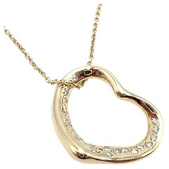 Vintage Tiffany & Co Elsa Peretti Diamond Open Heart Yellow Gold Pendant Necklace