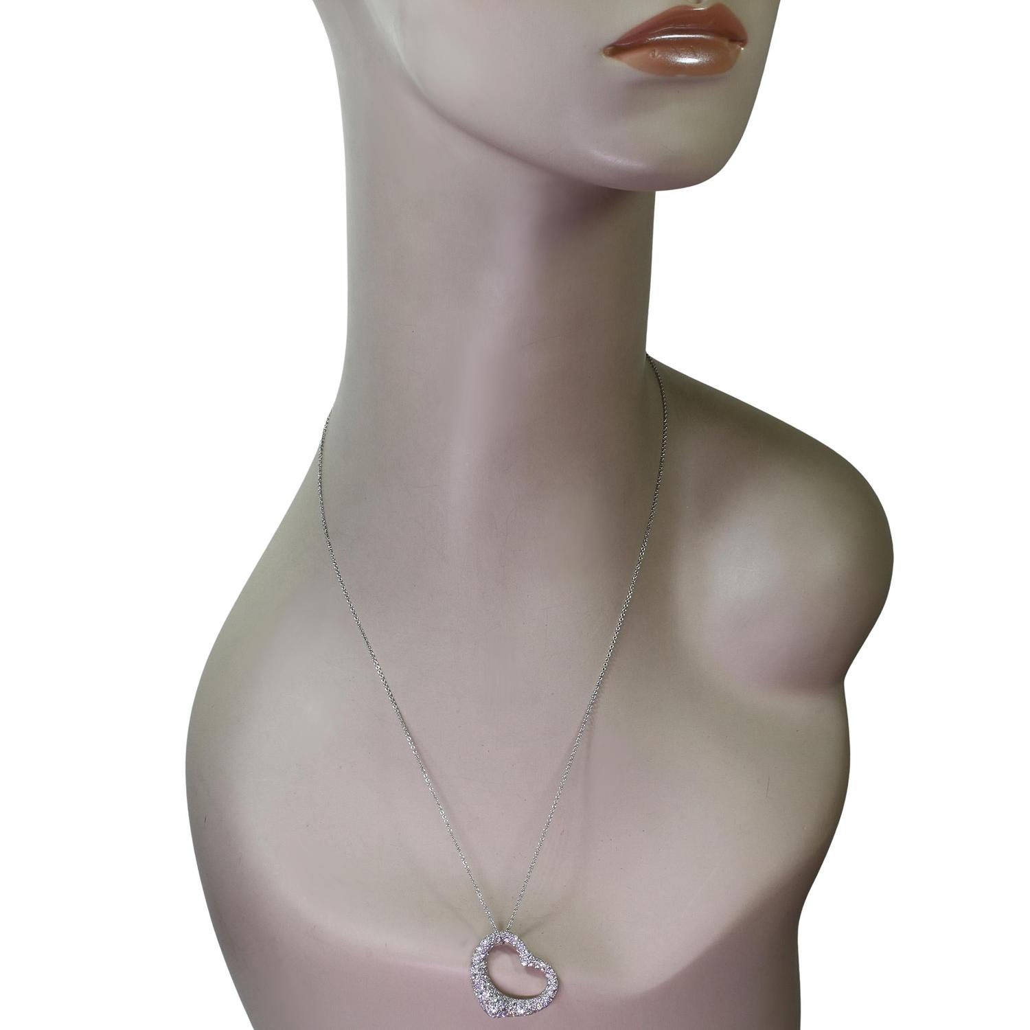 Tiffany & Co. Elsa Peretti Diamond Platinum Open Heart Pendant Necklace In Excellent Condition For Sale In New York, NY