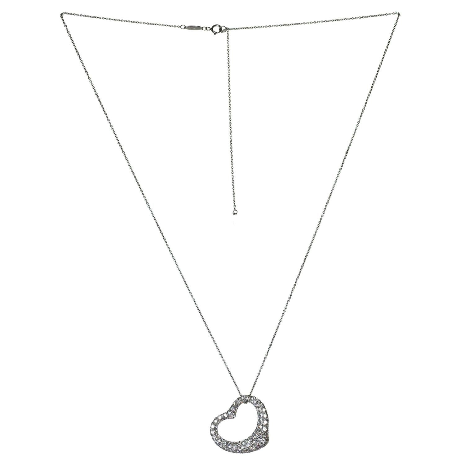 Women's Tiffany & Co. Elsa Peretti Diamond Platinum Open Heart Pendant Necklace For Sale
