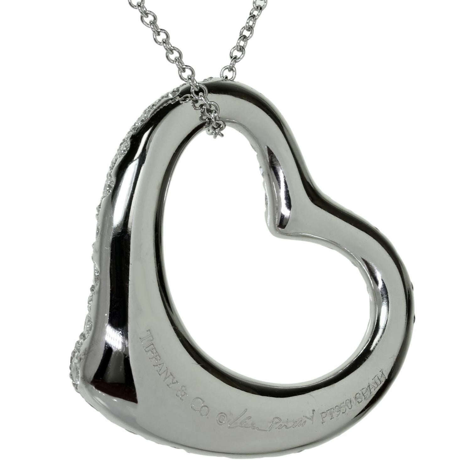 Tiffany & Co. Elsa Peretti Diamond Platinum Open Heart Pendant Necklace For Sale 3