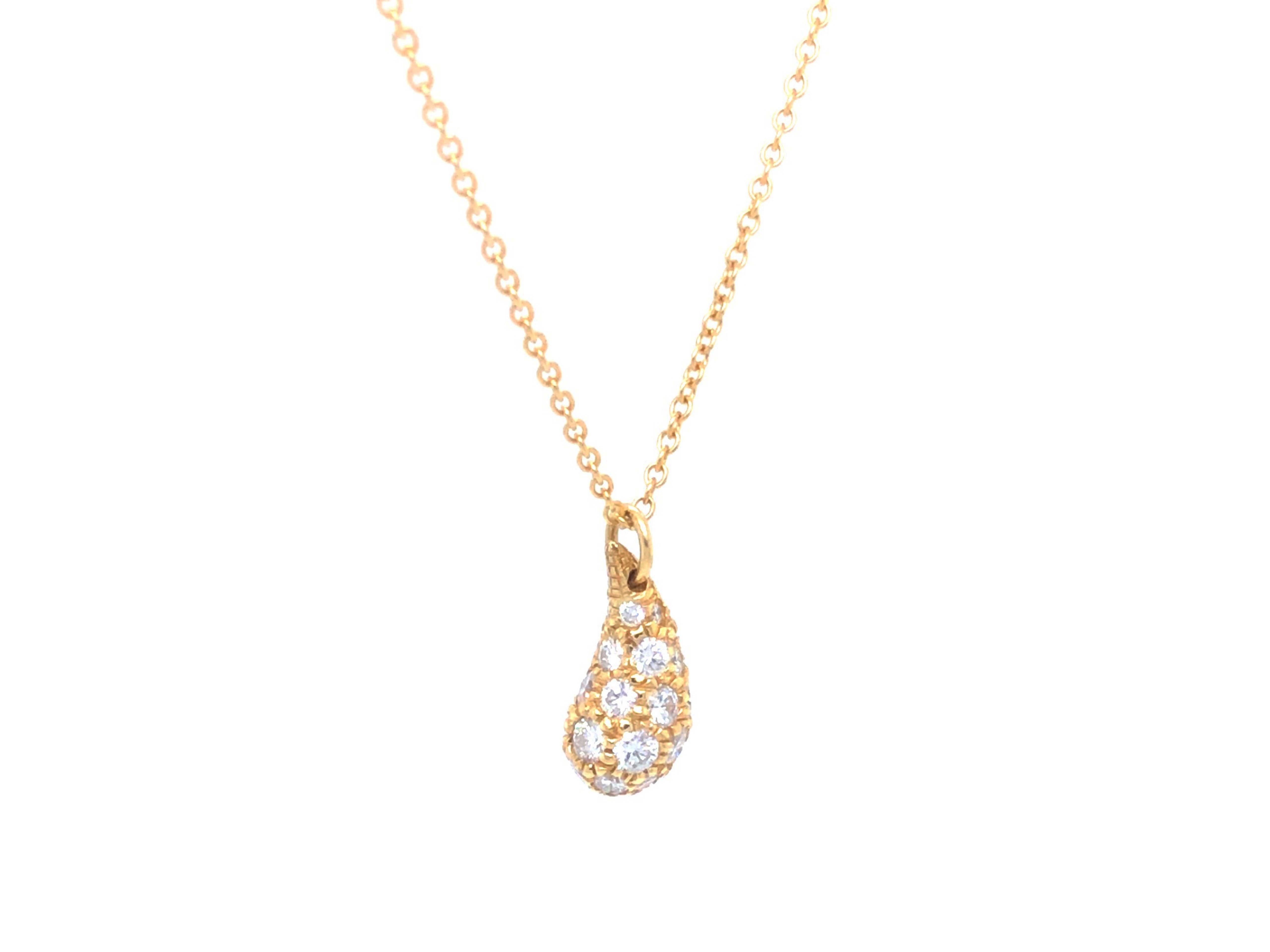 Modern Tiffany & Co Elsa Peretti Diamond Teardrop Pendant and Chain in 18k Yellow Gold