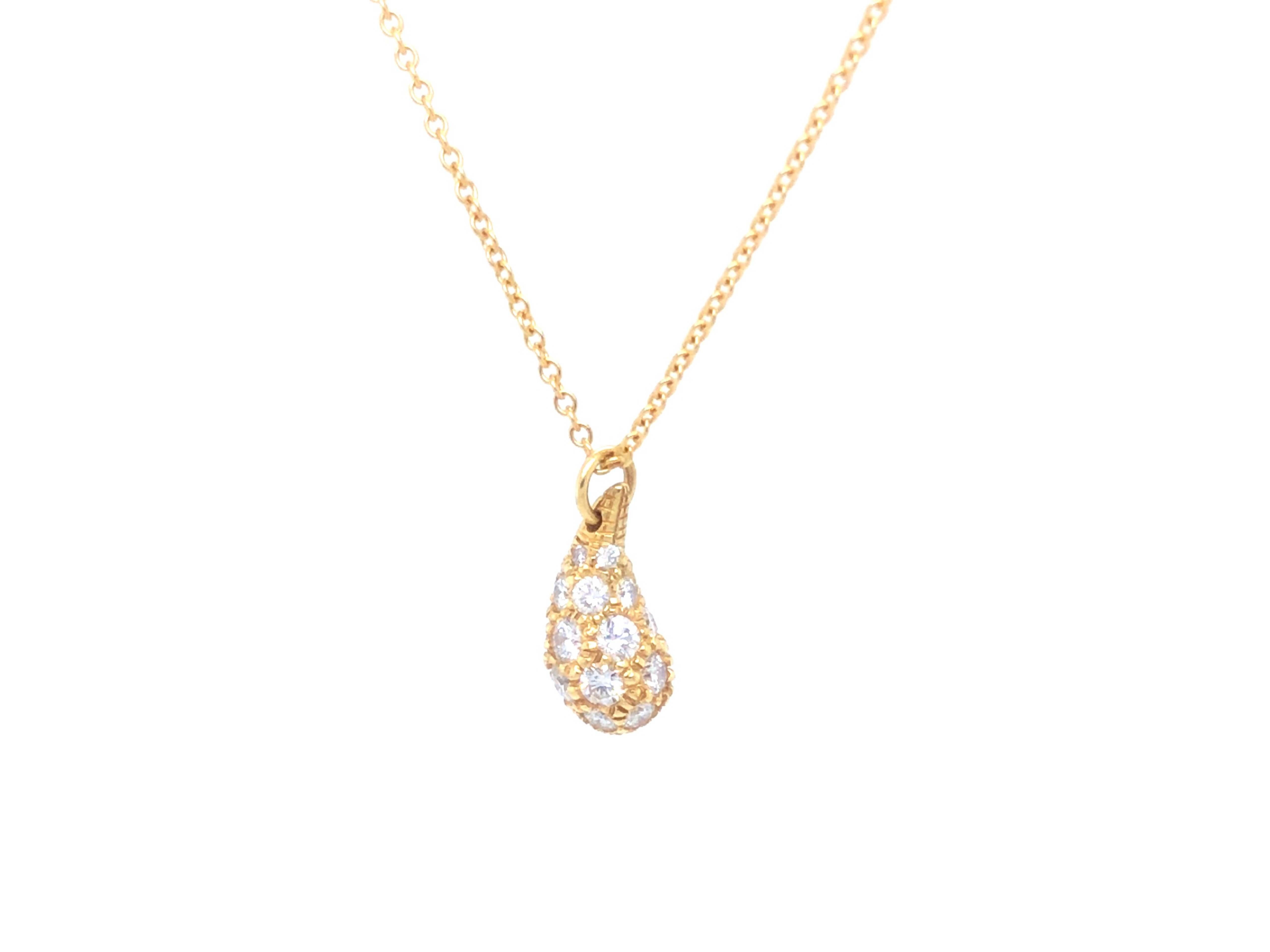 Women's or Men's Tiffany & Co Elsa Peretti Diamond Teardrop Pendant and Chain in 18k Yellow Gold