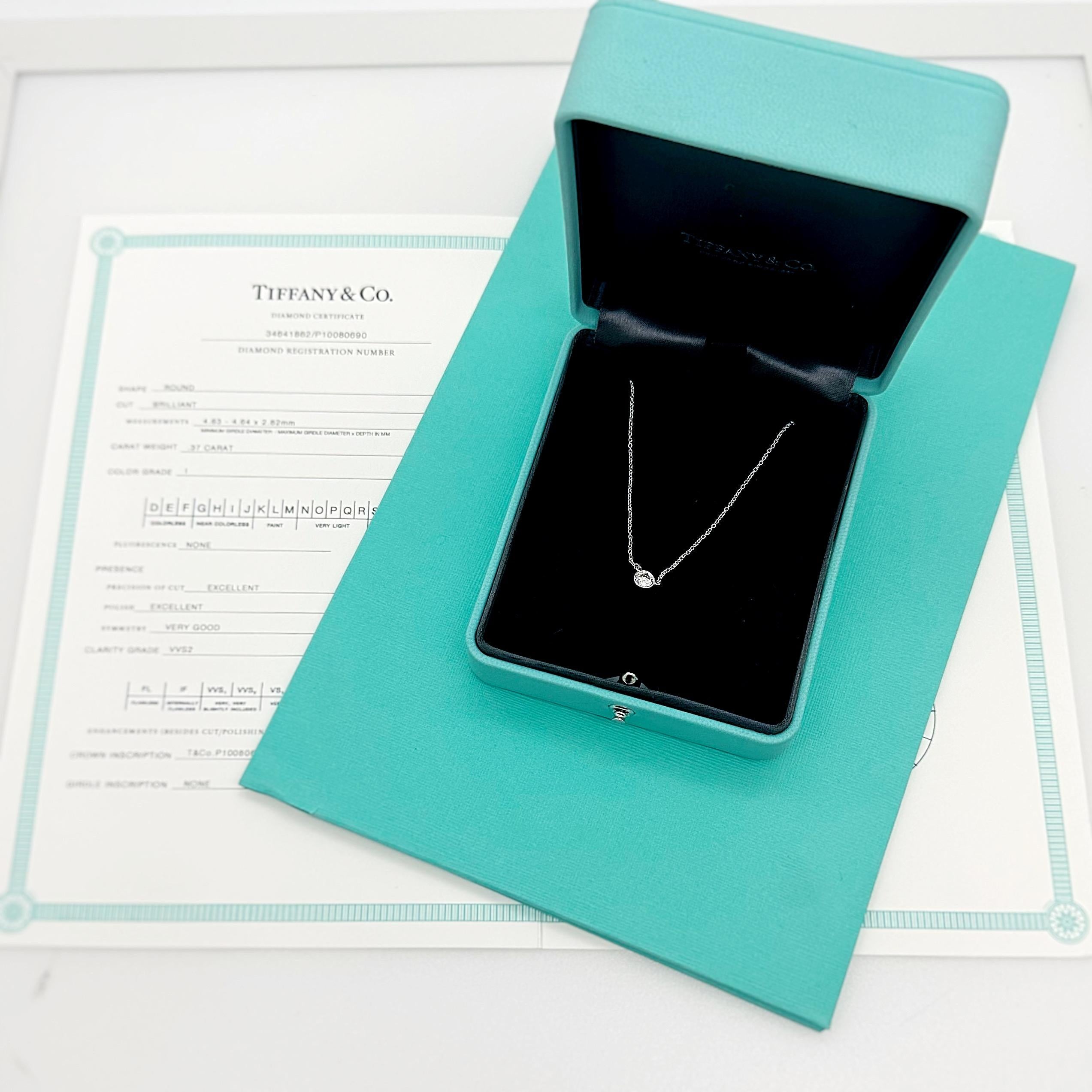 Tiffany & Co. Elsa Peretti Diamonds by the Yard Necklace 
Style:  Diamonds by the Yard
Ref. number:  34641862
Metal:  Platinum PT950
Size / Measurements:  Small - 16' Inches
TCW:  0.37 cts
Main Diamond:  Round Brilliant Diamond
Color & Clarity: 