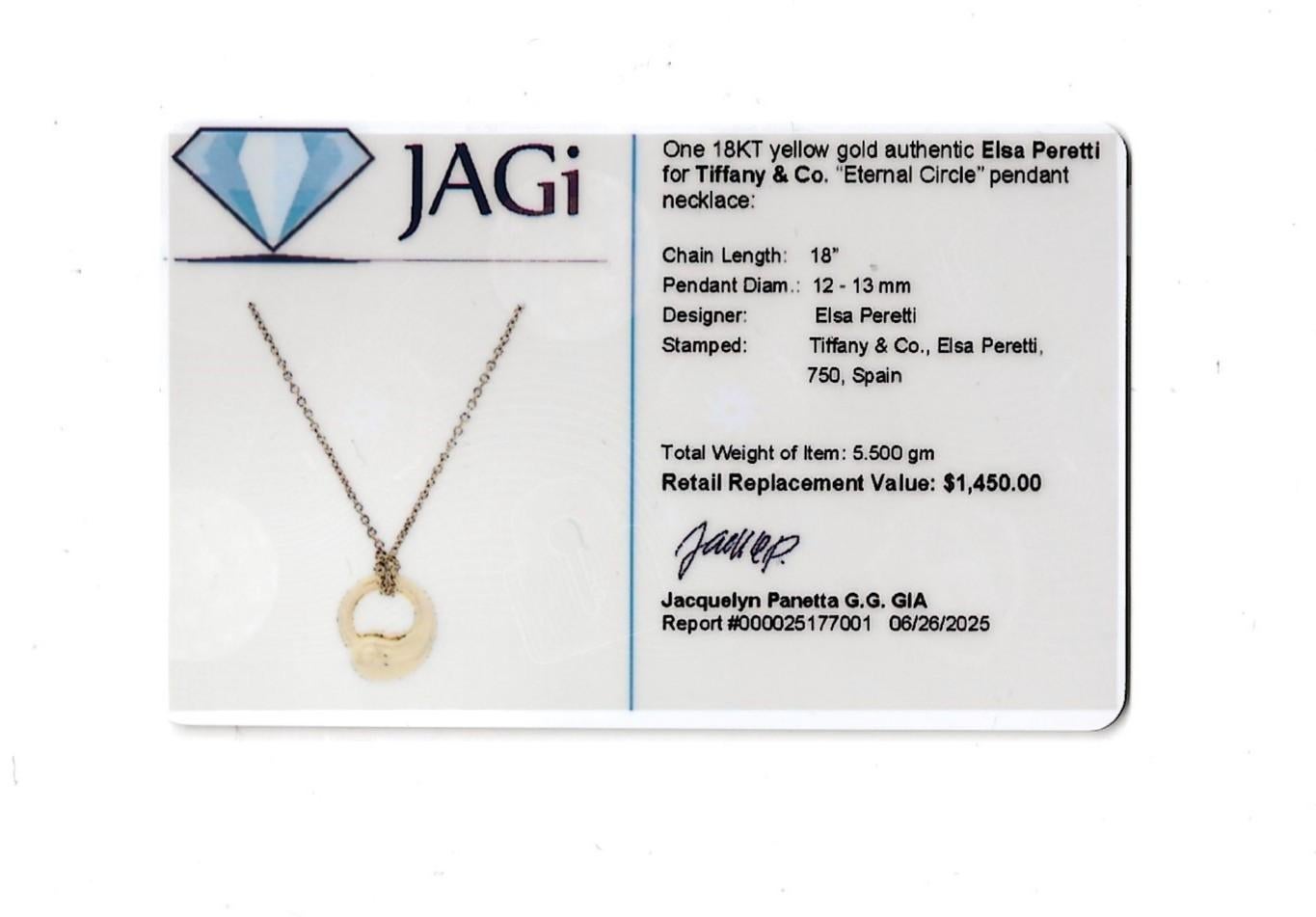 Tiffany & Co. Elsa Peretti Eternal Circle Pendant Necklace 18 Karat Yellow Gold For Sale 5