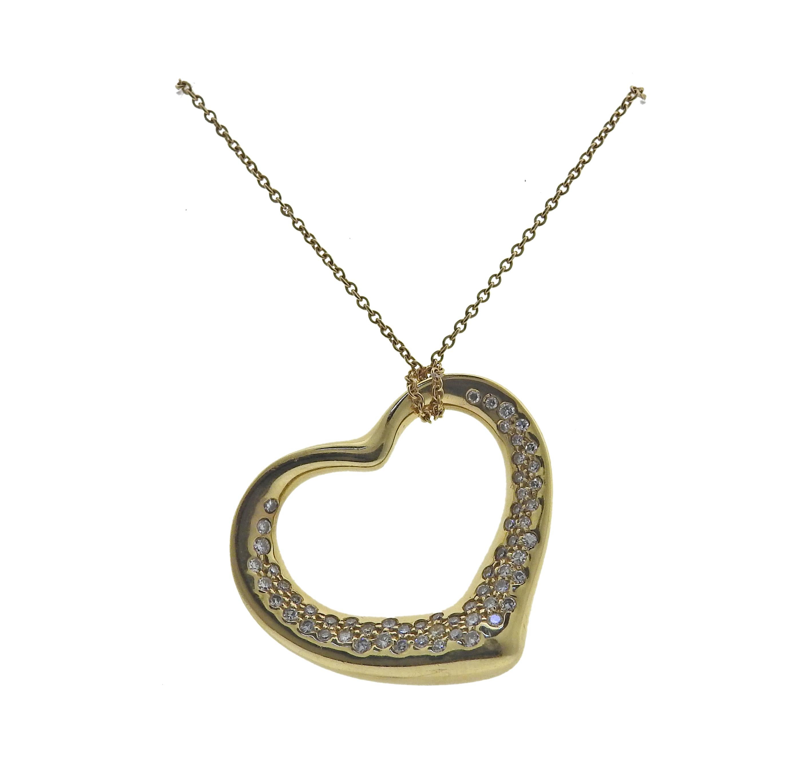 Tiffany & Co Elsa Peretti Gold Diamond Open Heart Pendant Necklace In Excellent Condition For Sale In Lambertville, NJ