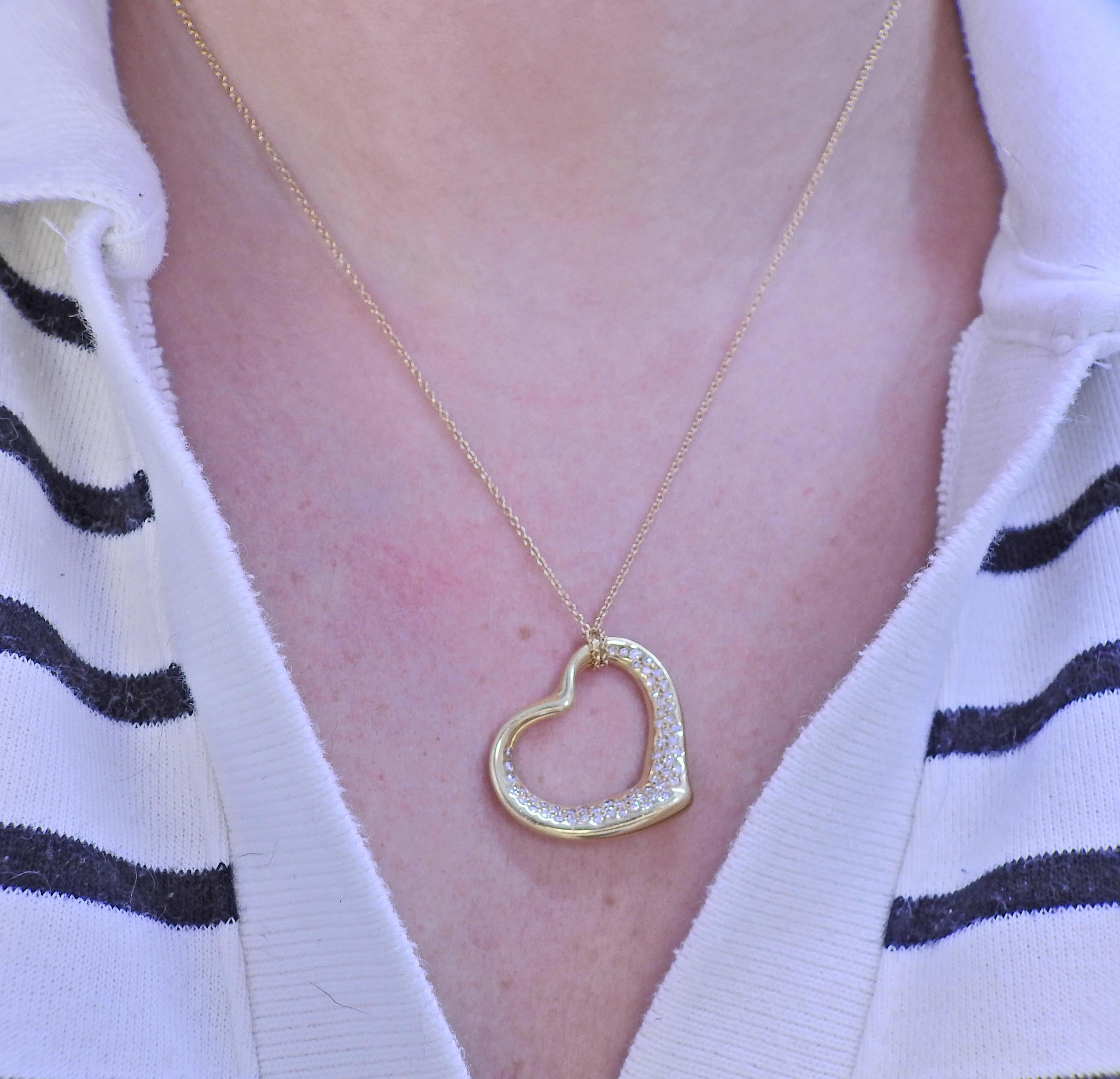 Women's Tiffany & Co Elsa Peretti Gold Diamond Open Heart Pendant Necklace For Sale