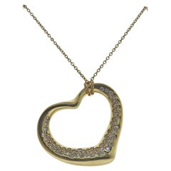 Retro Tiffany & Co Elsa Peretti Gold Diamond Open Heart Pendant Necklace