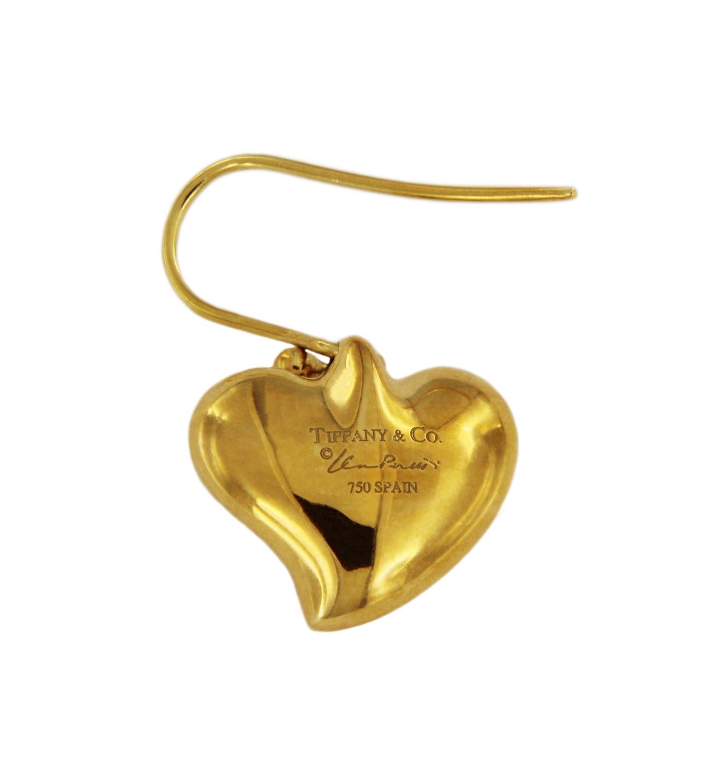 TIFFANY & CO. ELSA PERETTI GOLD HEART DROP EARRINGS

-Condition: Mint 
-Material: 18k Yellow Gold
-Heart dimension: 12x14mm
-Weight: 9.4gr
-Hallmarked: “Stamped 750 and Spain”
Comes with Tiffany pouch. 