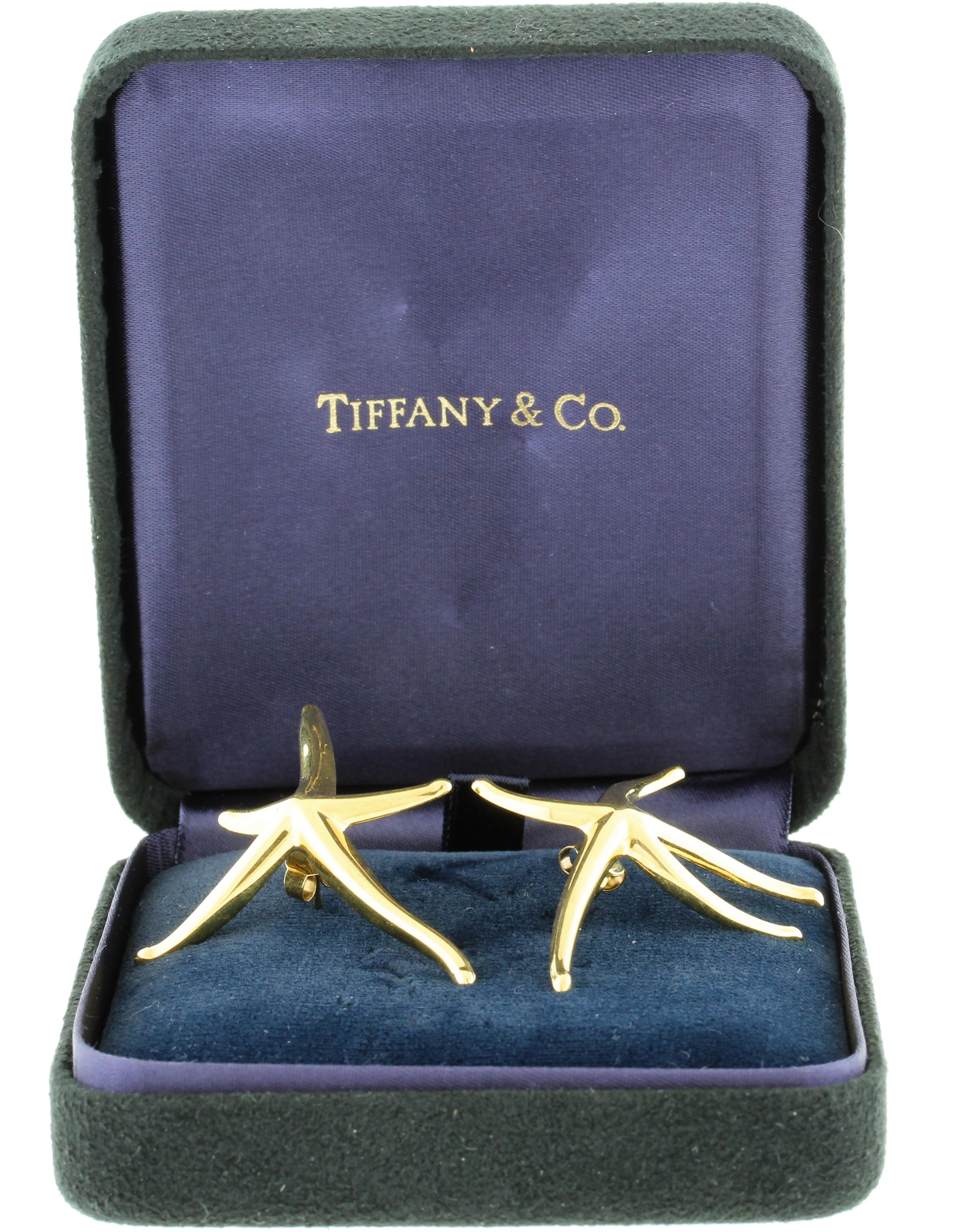 From Tiffany, Elsa Peretti created these large starfish earrings.  The earrings are stamped E.P, Spain, T&Co and 18kt.
♦ Designer: Elsa Peretti for Tiffany & Co.
♦ Metal: 18 karat yellow gold
♦ Weight: 9.8 grams
♦ Diameter: 2in
♦ Packaging:Tiffany