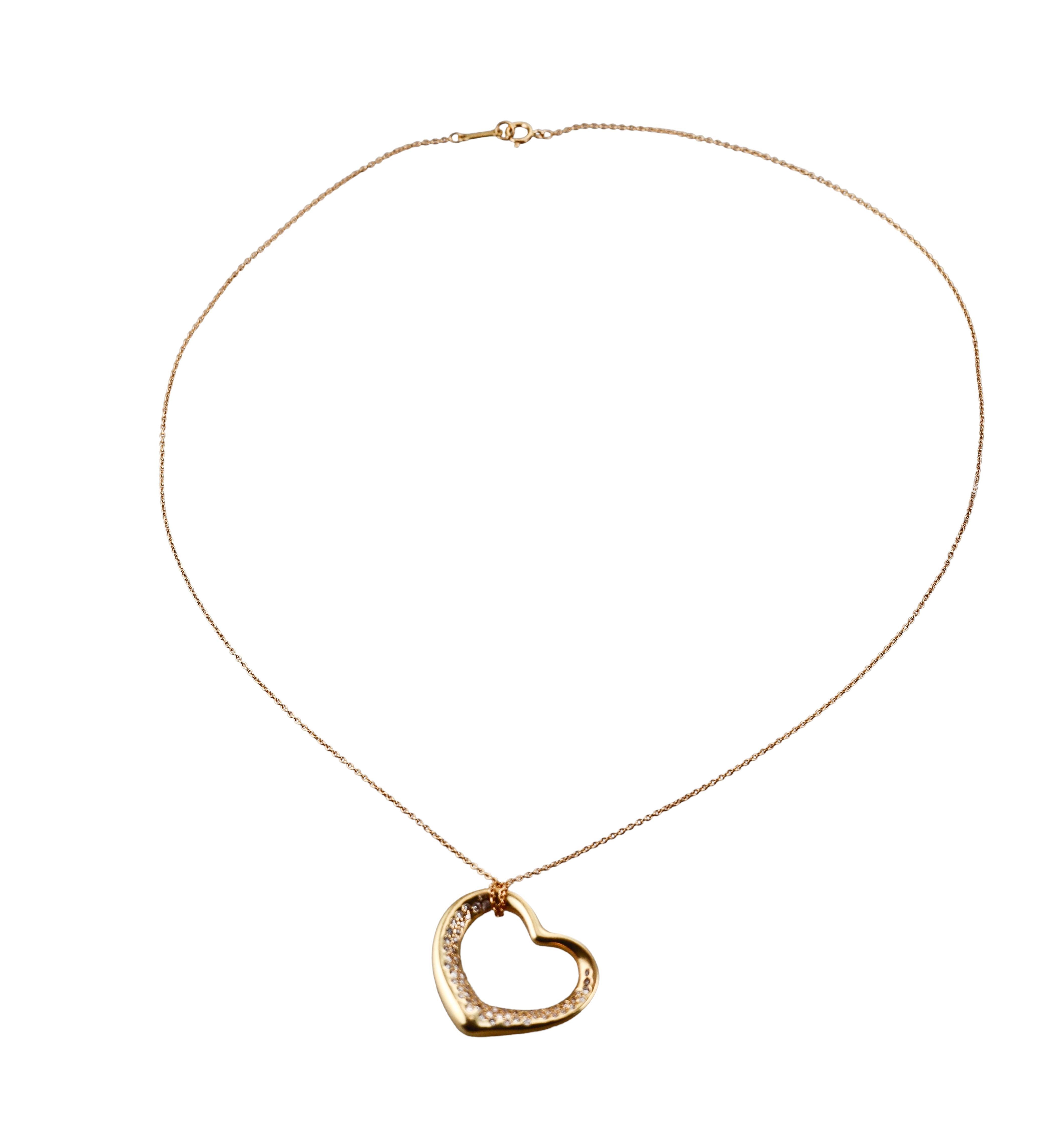 Tiffany & Co Elsa Peretti, collier pendentif cœur ouvert en or 18 carats et diamants Excellent état - En vente à New York, NY