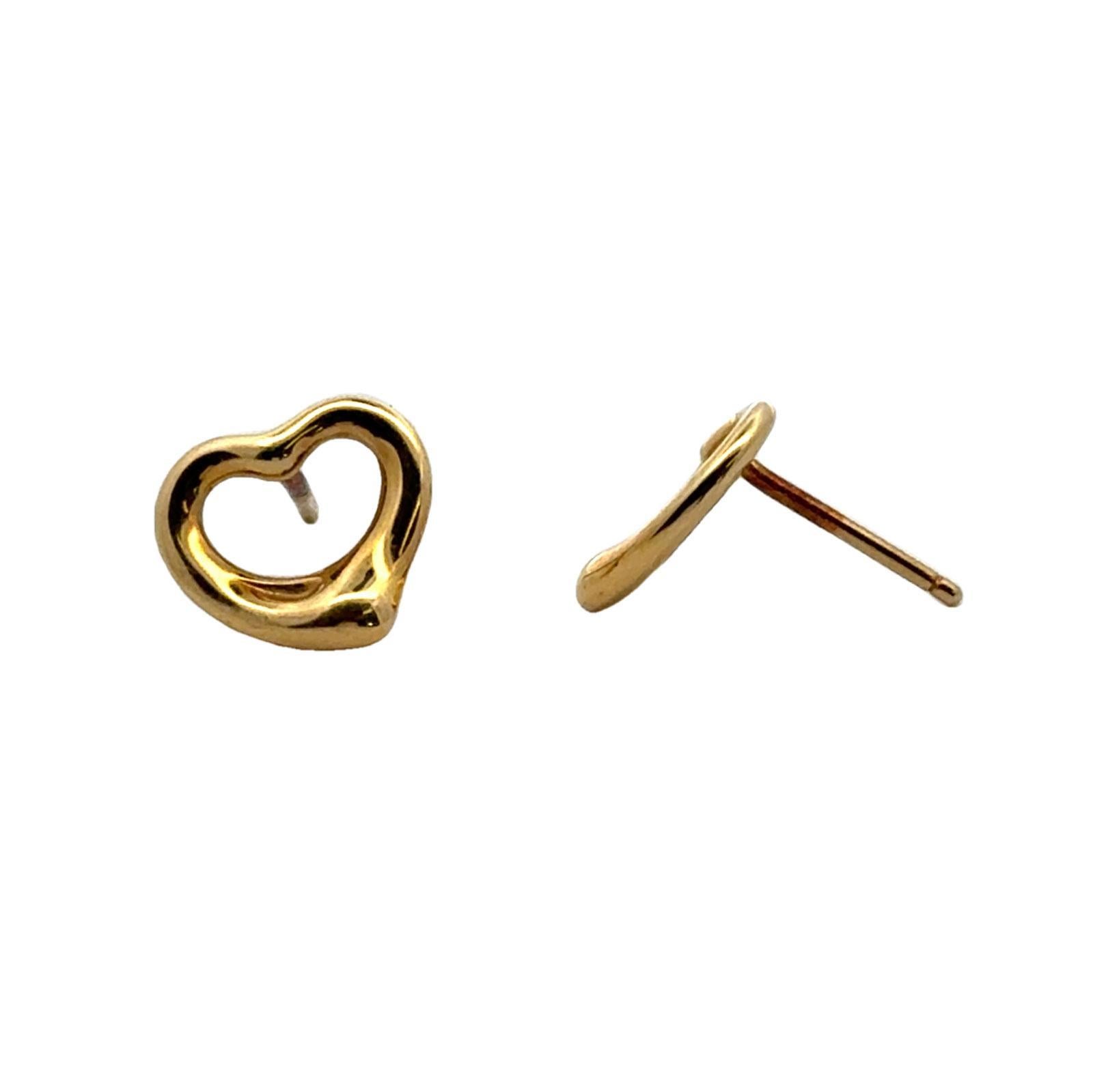 Modern Tiffany & Co Elsa Peretti Open Heart 18K Yellow Gold 11mm Stud Earrings