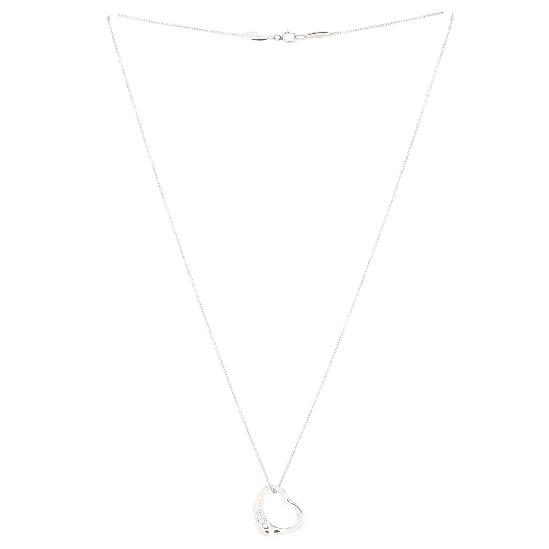 Tiffany & Co. Elsa Peretti Open Heart 5 Diamonds Pendant Necklace Platinum In Good Condition In New York, NY