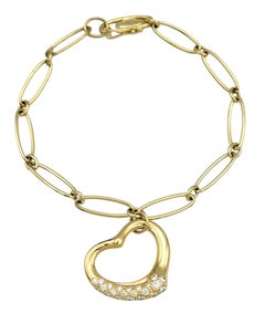Tiffany & Co. Elsa Peretti Open Heart Charm Link Bracelet with Diamonds 18K Gold