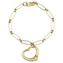 Tiffany & Co. Elsa Peretti Open Heart Charm Link Bracelet with Diamonds 18K Gold