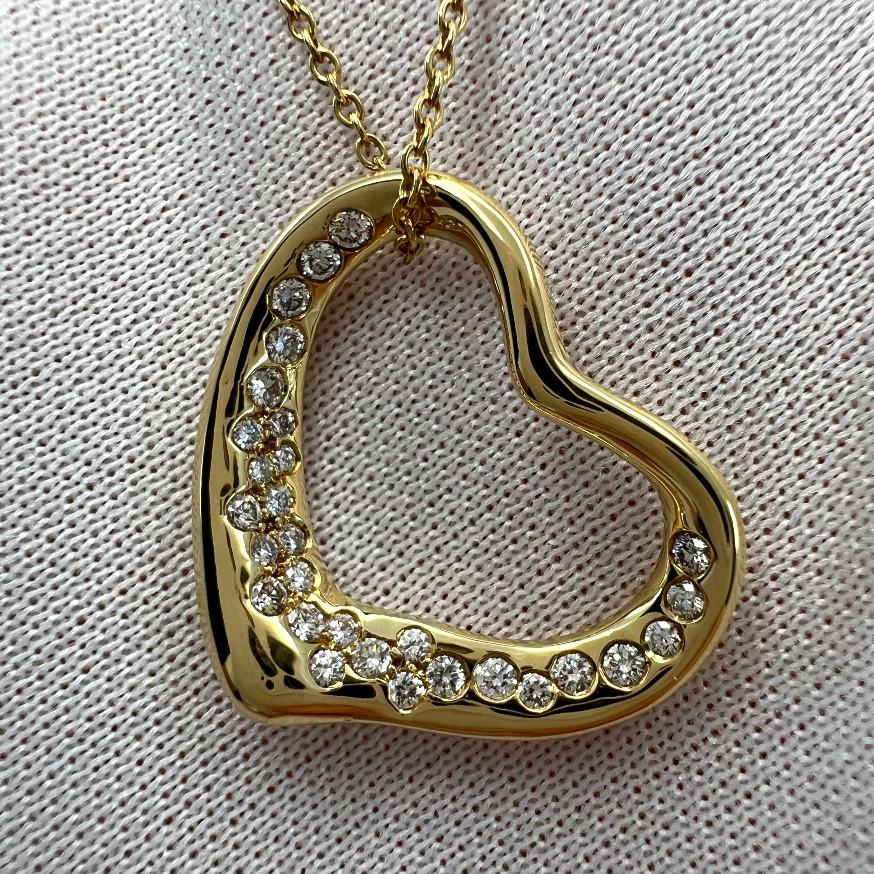 Round Cut Tiffany & Co. Elsa Peretti Open Heart Diamond 18k Yellow Gold Pendant Necklace