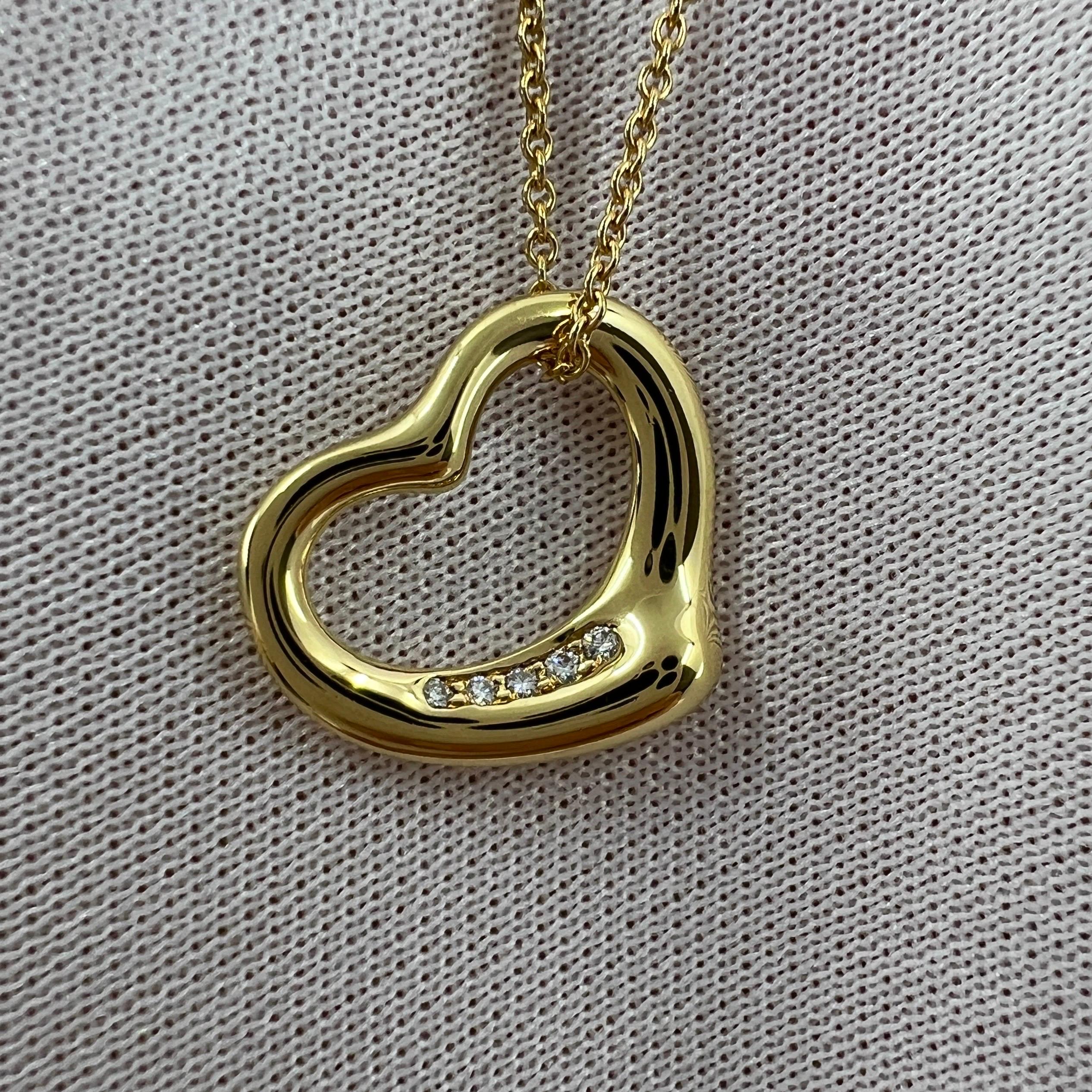 Round Cut Tiffany & Co. Elsa Peretti Open Heart Diamond 18k Yellow Gold Pendant Necklace For Sale