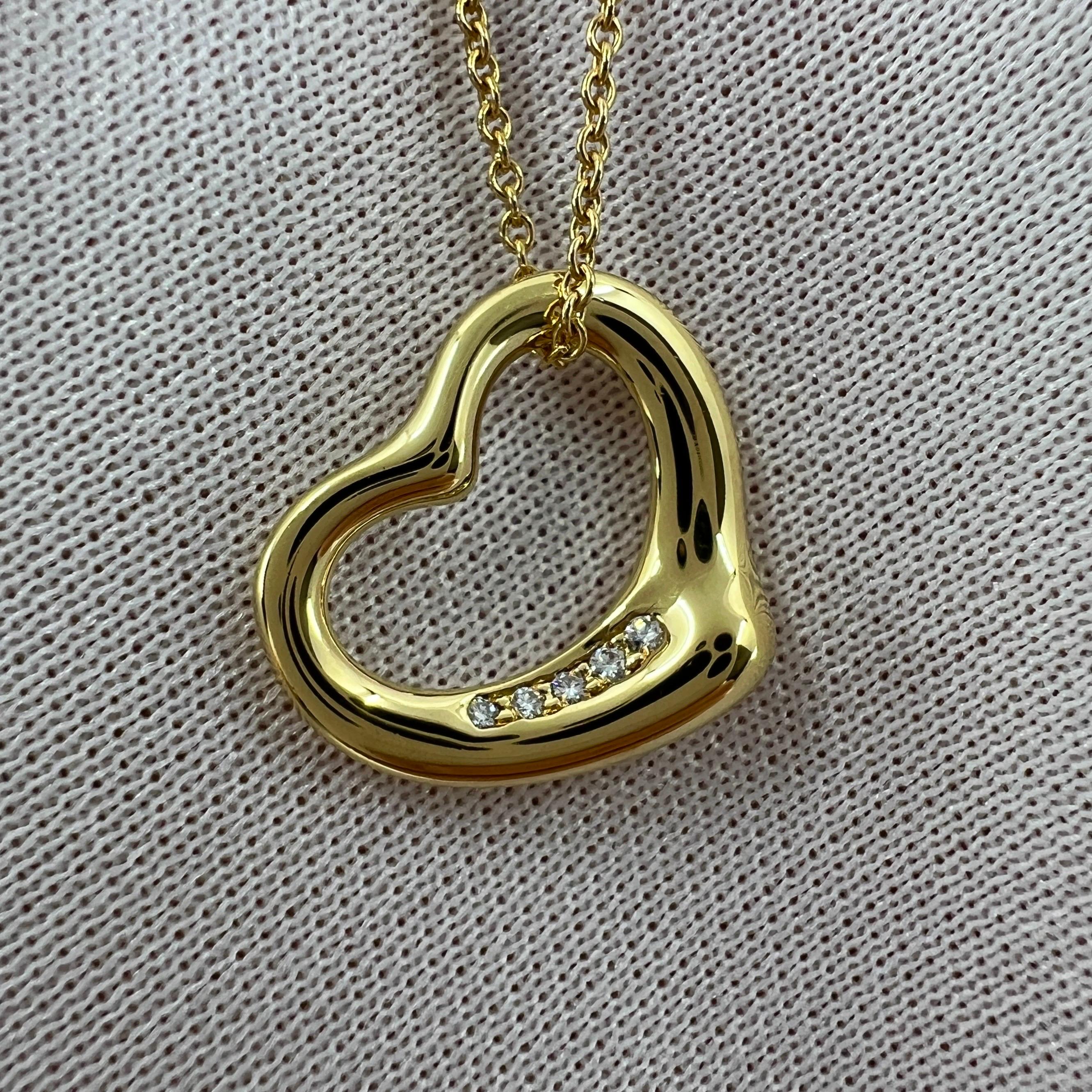 Tiffany & Co. Elsa Peretti Open Heart Diamond 18k Yellow Gold Pendant Necklace For Sale 2