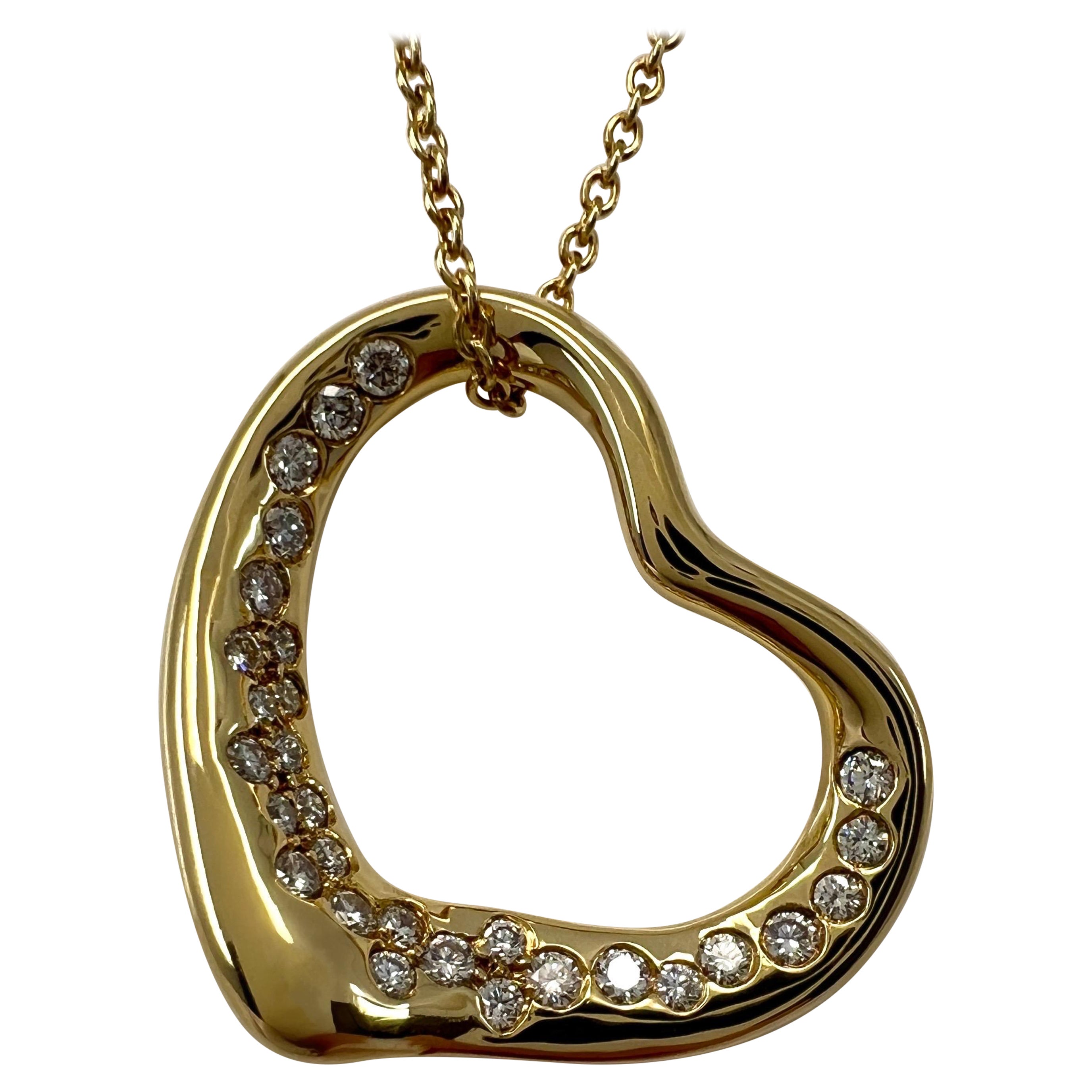 Tiffany & Co. Elsa Peretti Open Heart Diamond 18k Yellow Gold Pendant Necklace For Sale