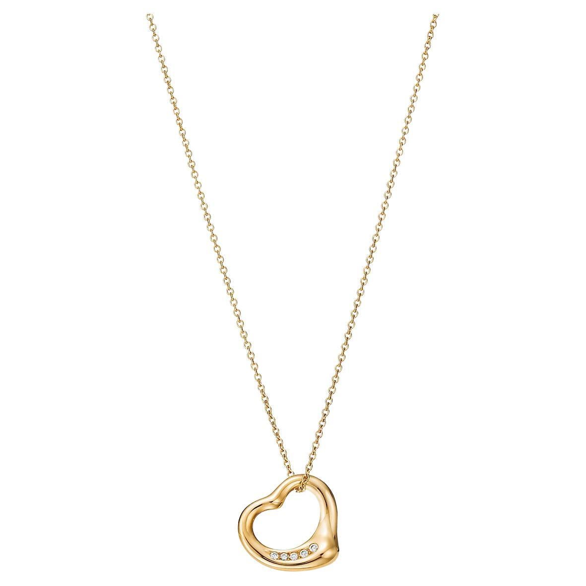 Tiffany & Co. Elsa Peretti Open Heart Diamond 18k Yellow Gold Pendant Necklace