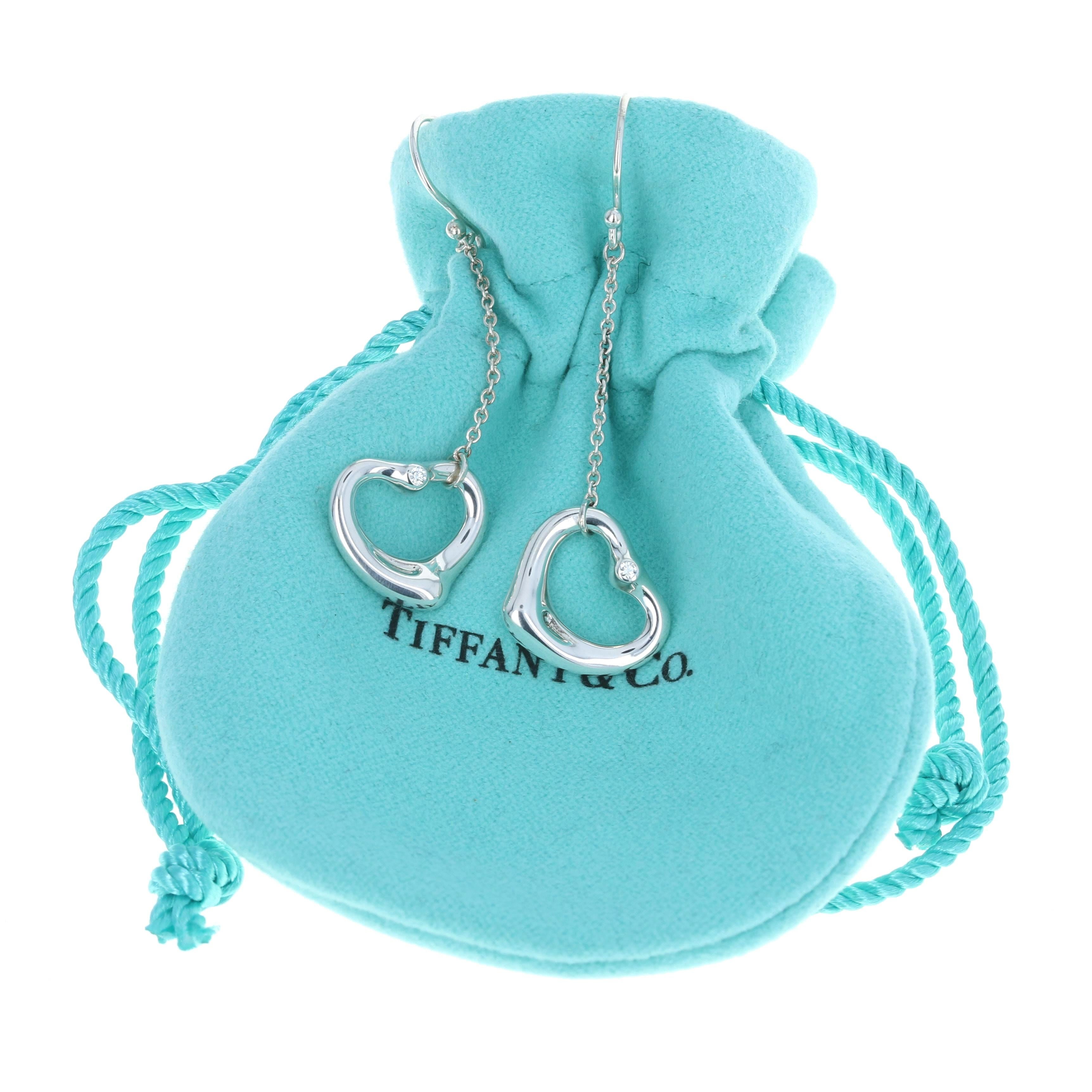 Tiffany & Co. Elsa Peretti Open Heart Diamond Dangle Earrings Sterling 925 Love In Excellent Condition For Sale In Greensboro, NC