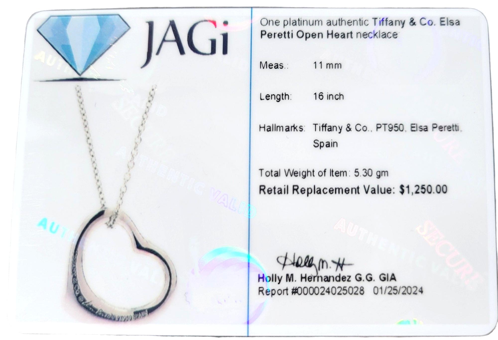 Tiffany & Co. Elsa Peretti Open Heart Pendant Chain Necklace Set in Platinum For Sale 4