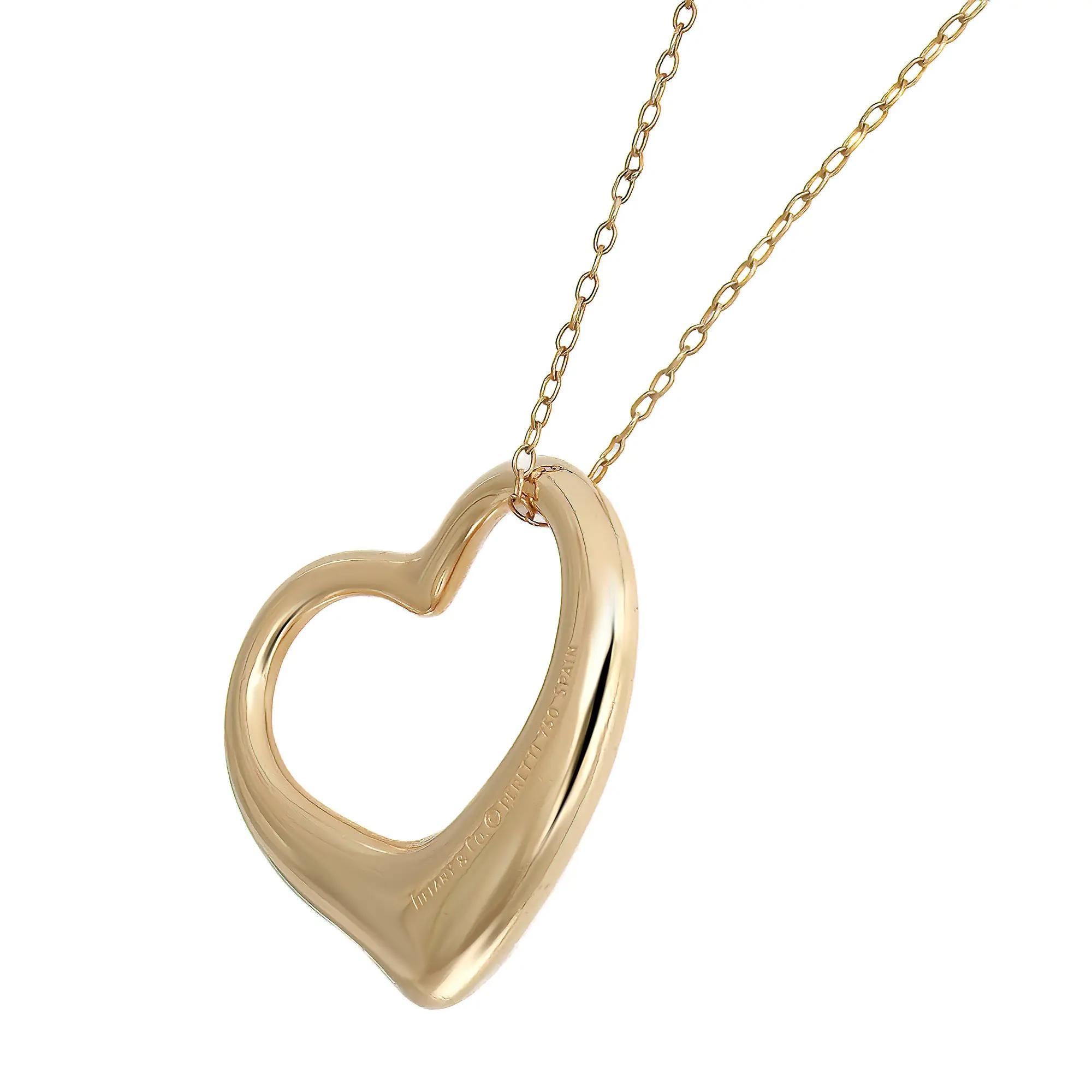 Tiffany & Co. Elsa Peretti Open Heart Pendant Necklace 18K Yellow Gold 35mm In Excellent Condition For Sale In New York, NY